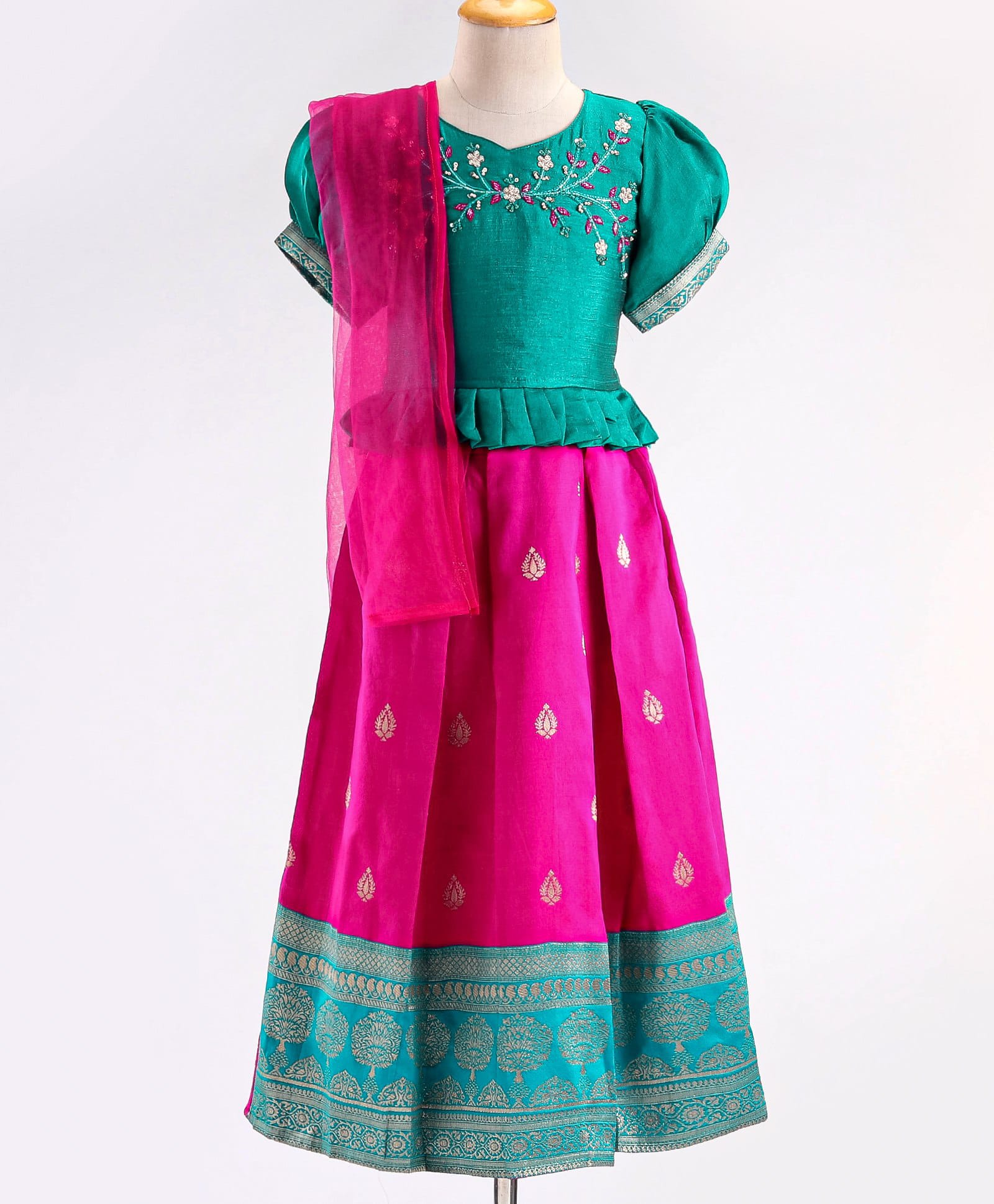 Enfance Silk Knit Half Puffed Slevees Floral Embellished Lehenga Choli With Duppatta - Dark Pink-picture-33