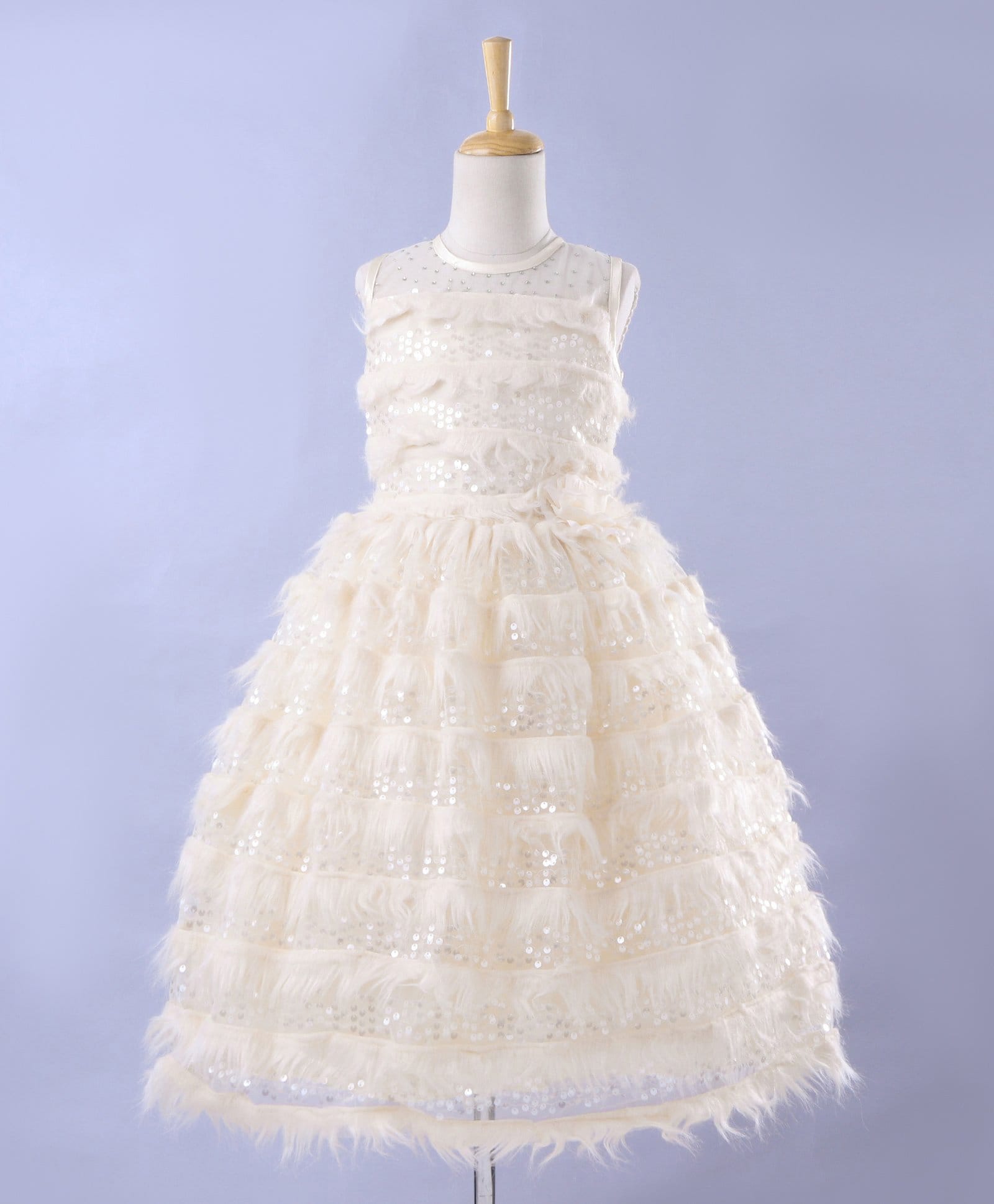 Enfance Net Knit Sleeveless Sequins Embellished Fur Detailed Party Gown With Floral Applique - OffWhite-picture-26