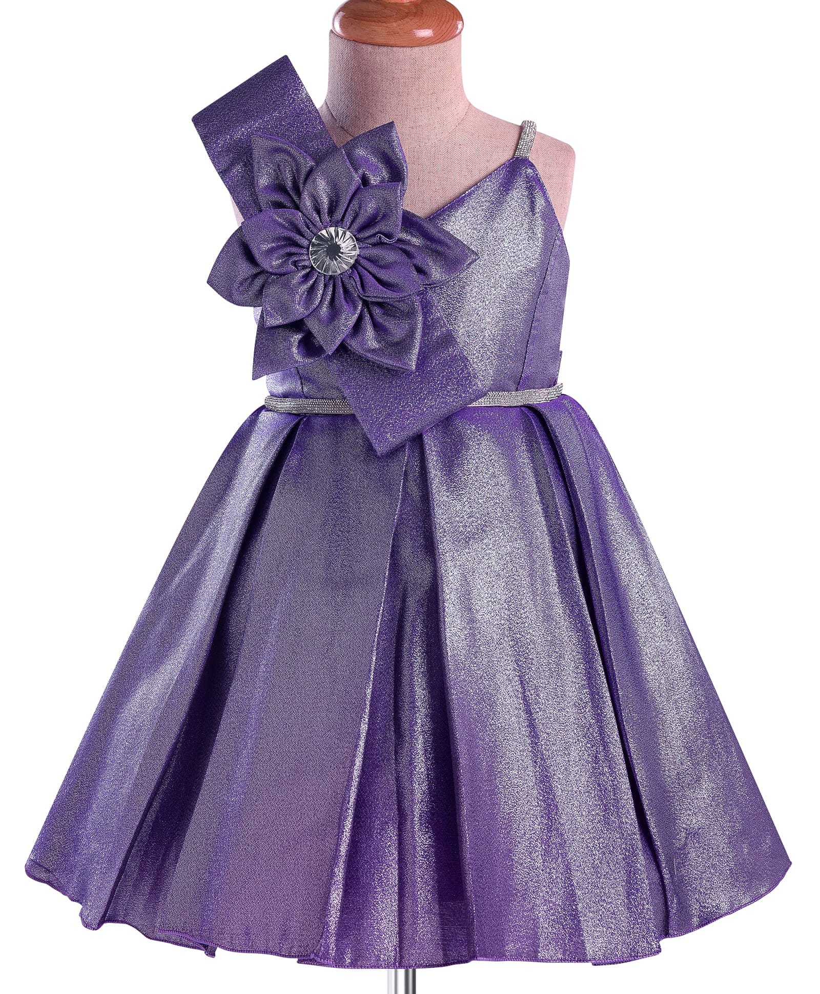 Enfance Knit Sleeveless Foil Printed Pleated Party Dress With Floral Applique - Purple-picture-19