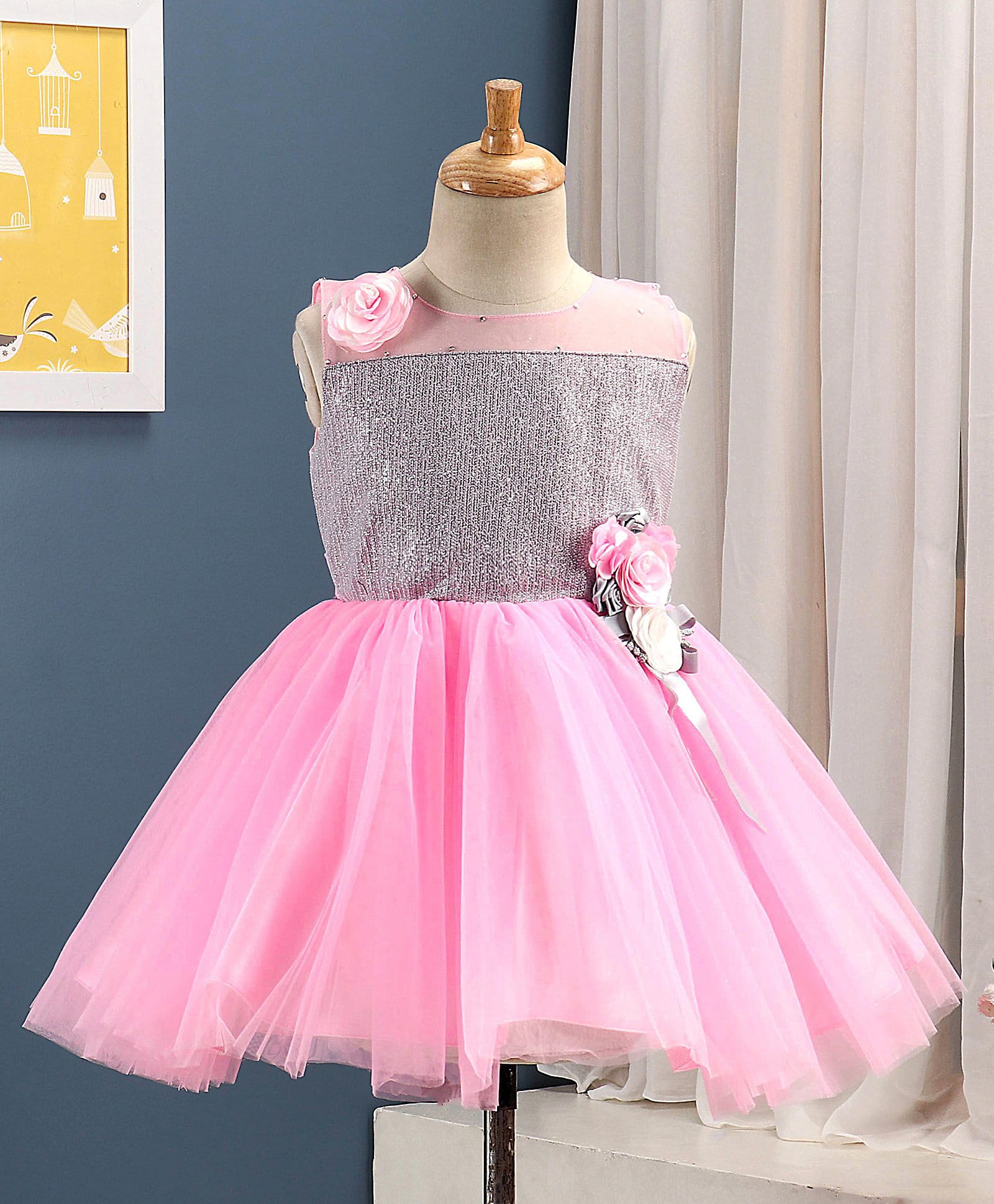 Enfance Net Knit Sleeveless Glitter Print & Corsage Flared Party Dress - Pink-image-14