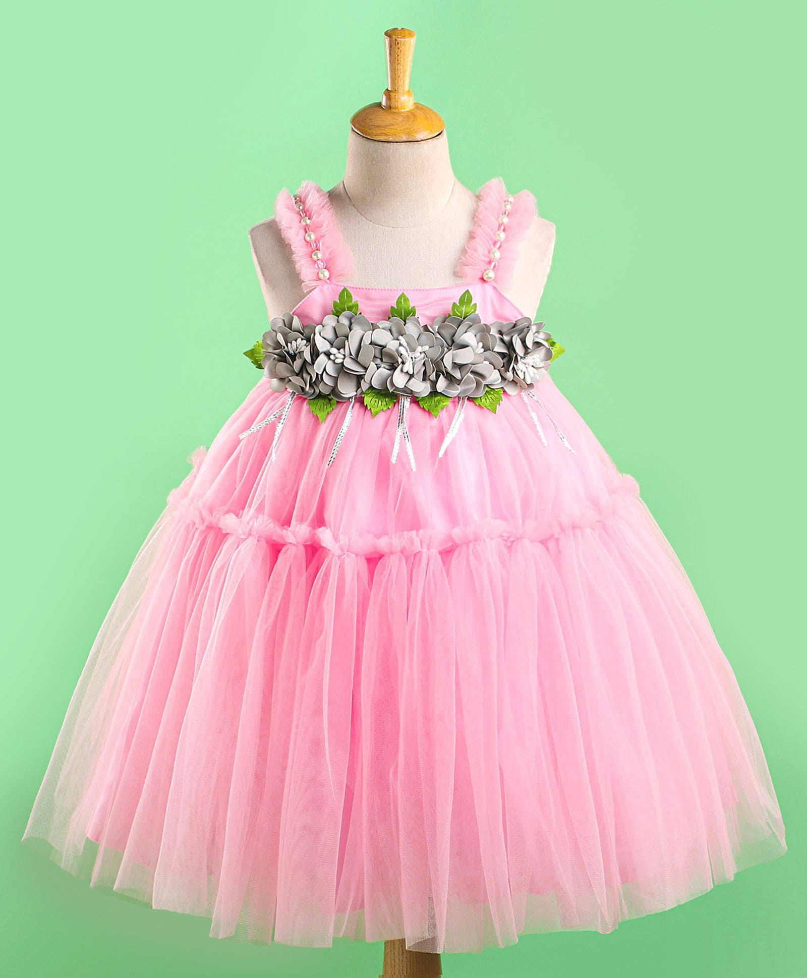 Enfance Net Knit Sleeveless Flared Party Dress With Floral Applique - Pink-image-10
