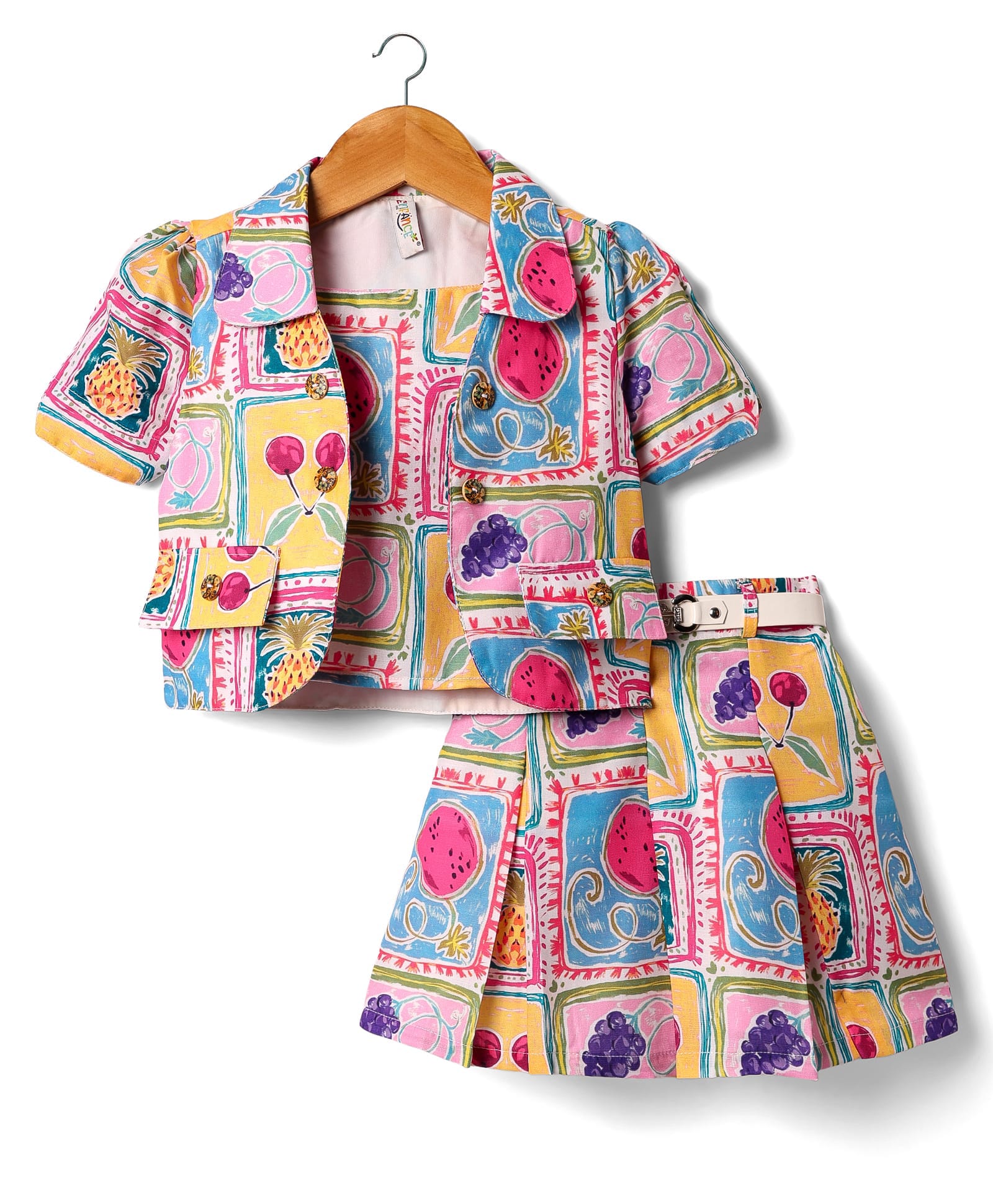 Enfance Cotton Knit Half Sleeves Fruit Print Jacket with Top & Skirt - Pink