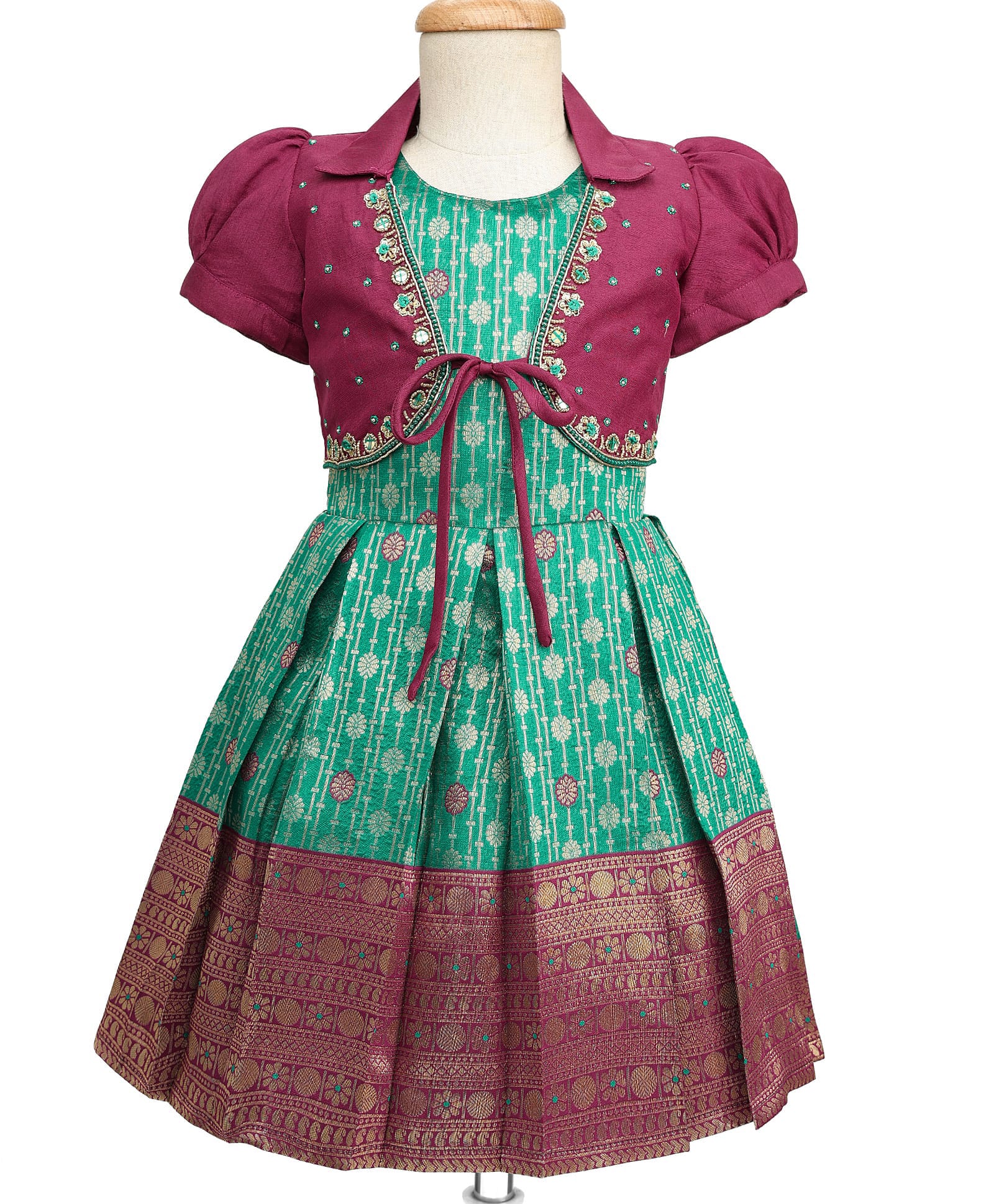 Enfance Silk Knit Banarasi Print Pattu Pavdai Dress with Half Sleeves Jacket - Bottle Green-image-44
