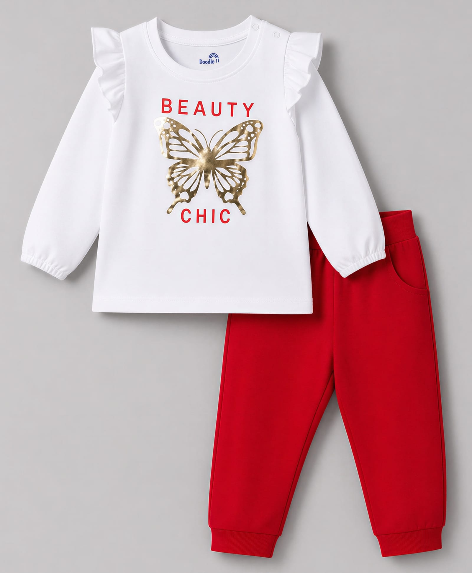 Doodle Poodle 100% Cotton Single Jersey Knit Full Sleeves Butterfly Printed Top with Lounge Pant - White & Red-picture-0