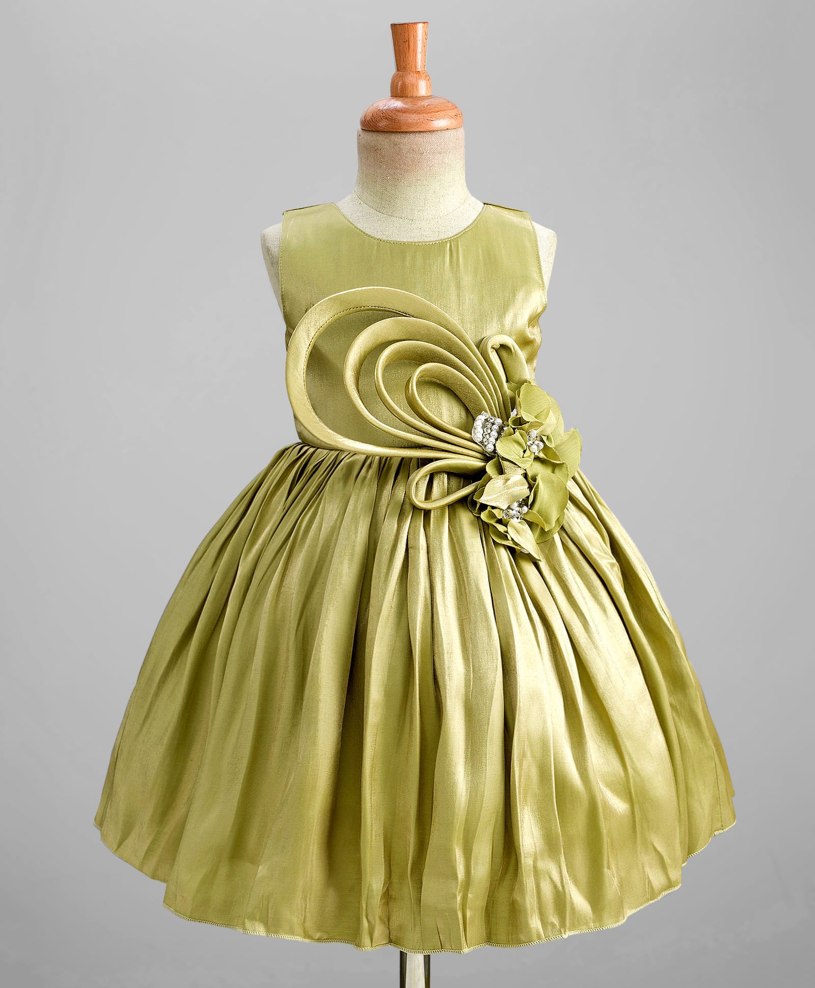 Enfance Knit Sleeveless Flower Applique Pleated Party Dress -Olive Green-image-45