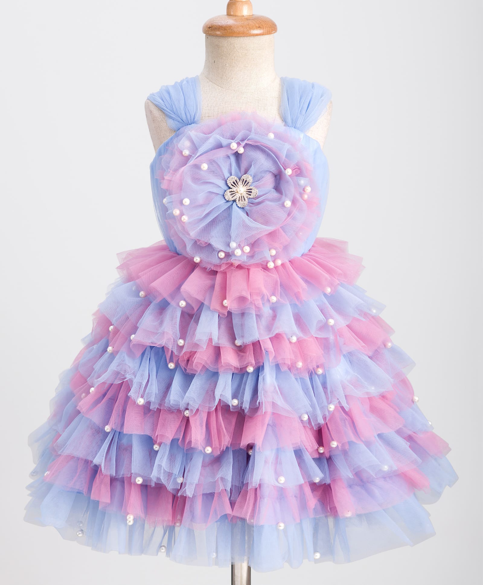Enfance Net Knit Sleeveless Floral Applique Ruffle & Pearl Embellishment Layered Party Dress - Light Blue-image-14