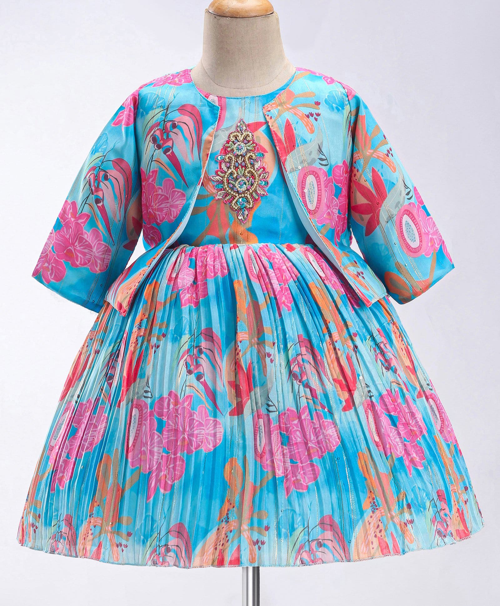 Enfance Cotton Silk Knit Full Sleeves Floral Embellished & Printed Ethnic Dress With Jacket - Blue-picture-18