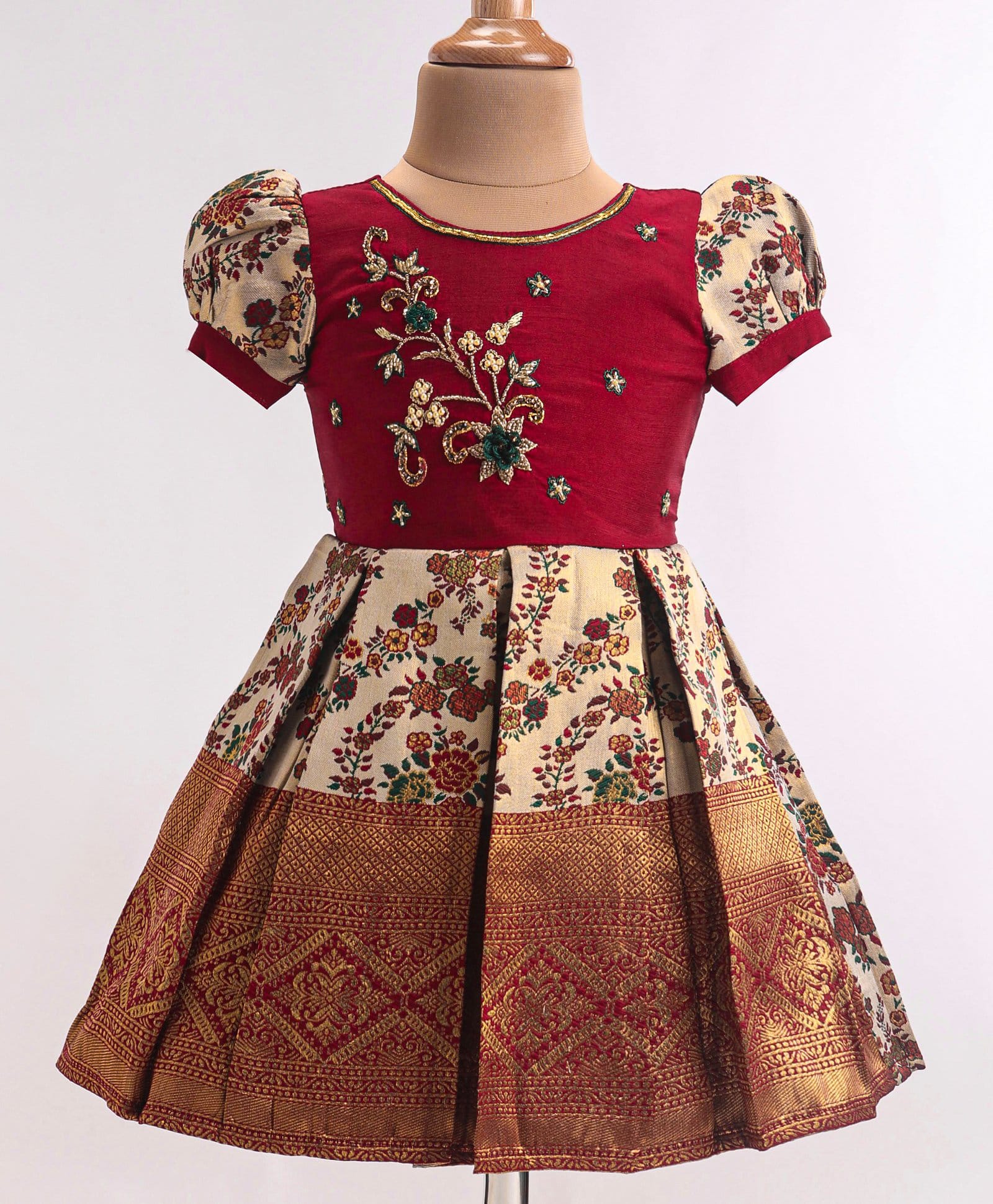 Enfance Cotton Silk Knit Half Sleeves Banarasi Print Pattu Pavdai Dress - Maroon-picture-37