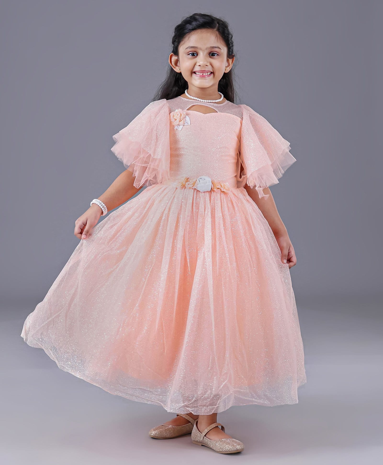 Enfance Net Knit Half Flutter Sleeves Gllittered Flower Applique Gown - Peach-picture-7