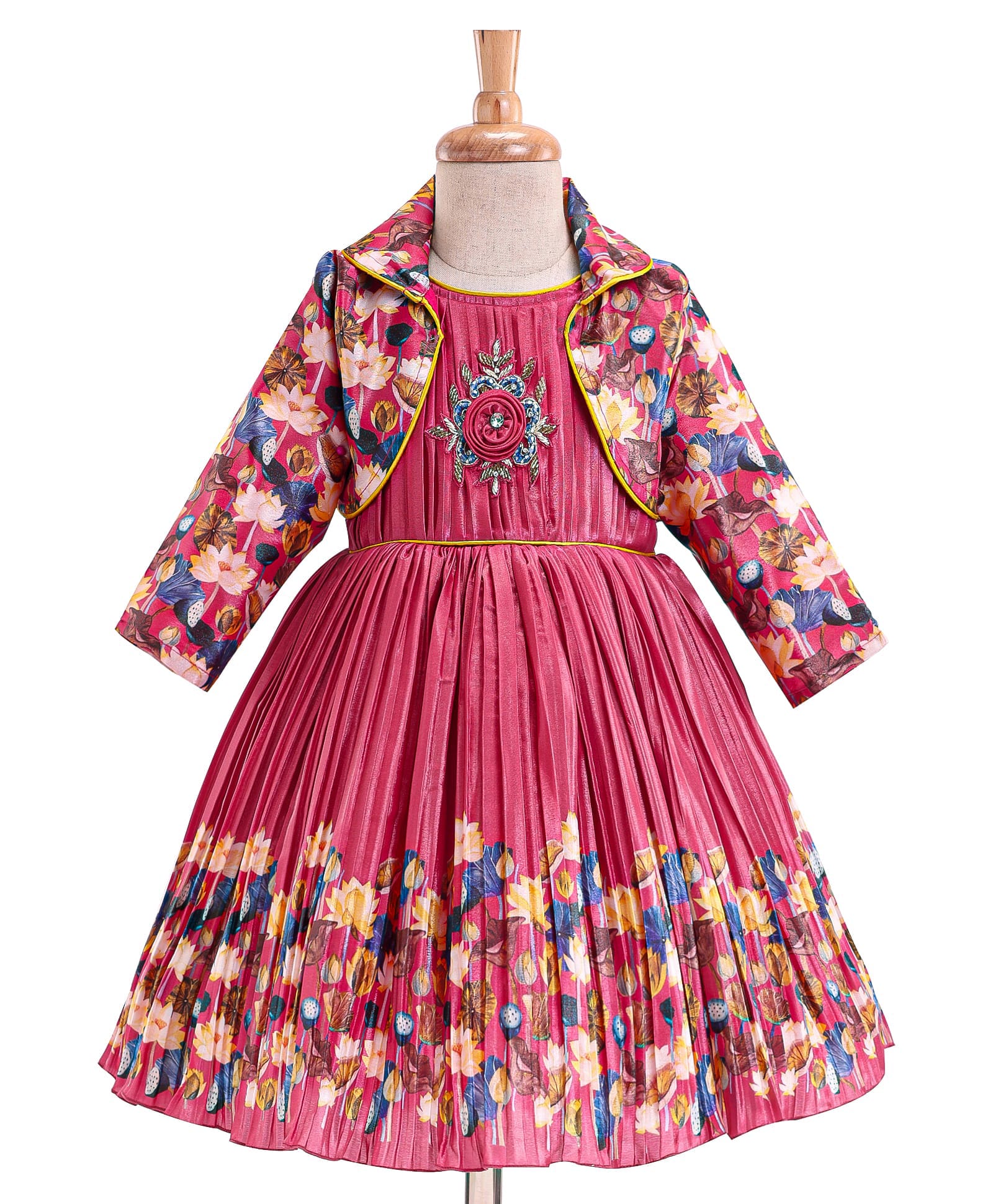 Enfance Cotton Silk Knit Sleeveless Floral Printed & Embroidered Party Dress With Jacket - Dark Pink