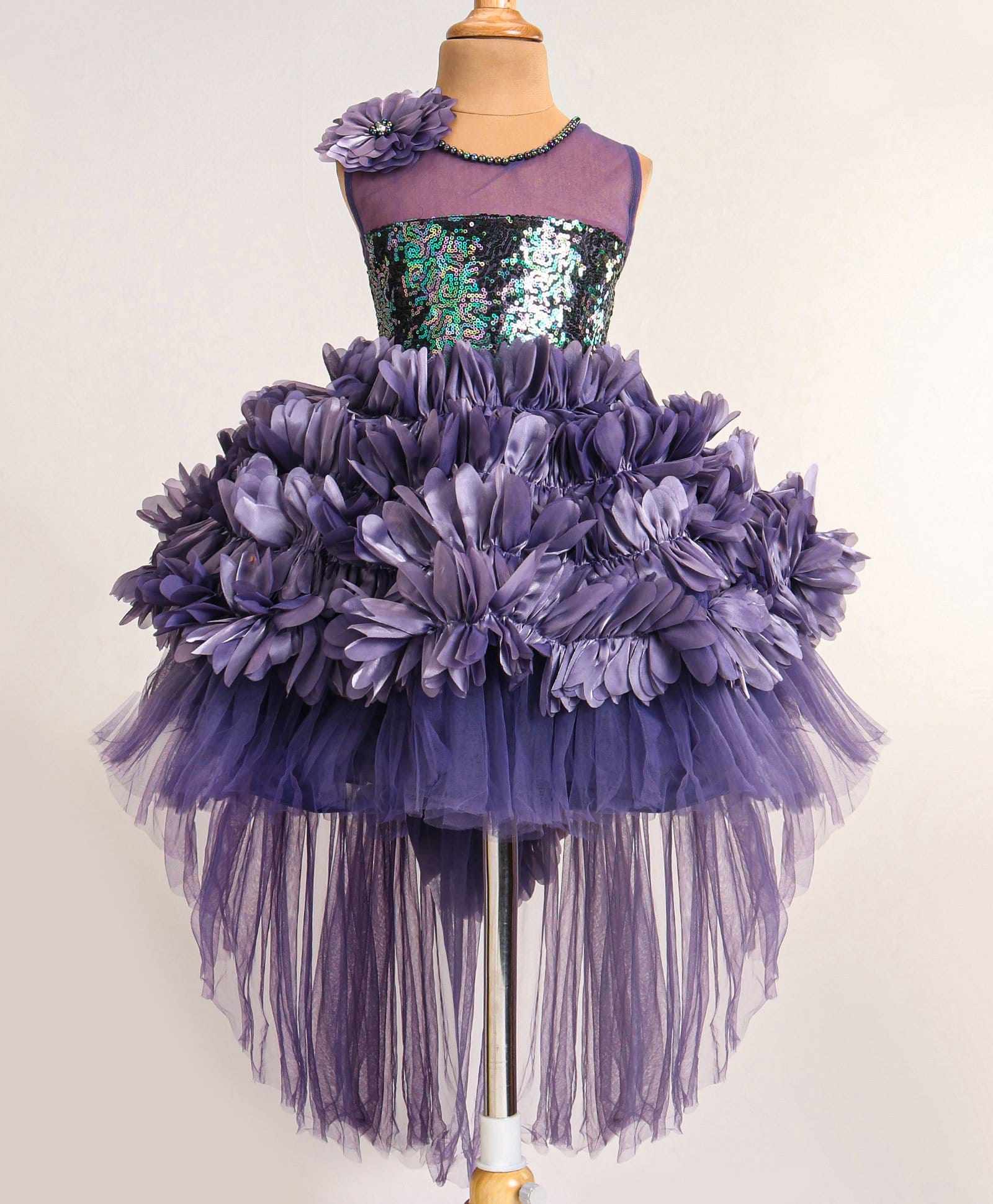 Enfance Net Knit Sleeveless Sequin & Ruffle Detailed Tailback Party Dress - Purple-image-19