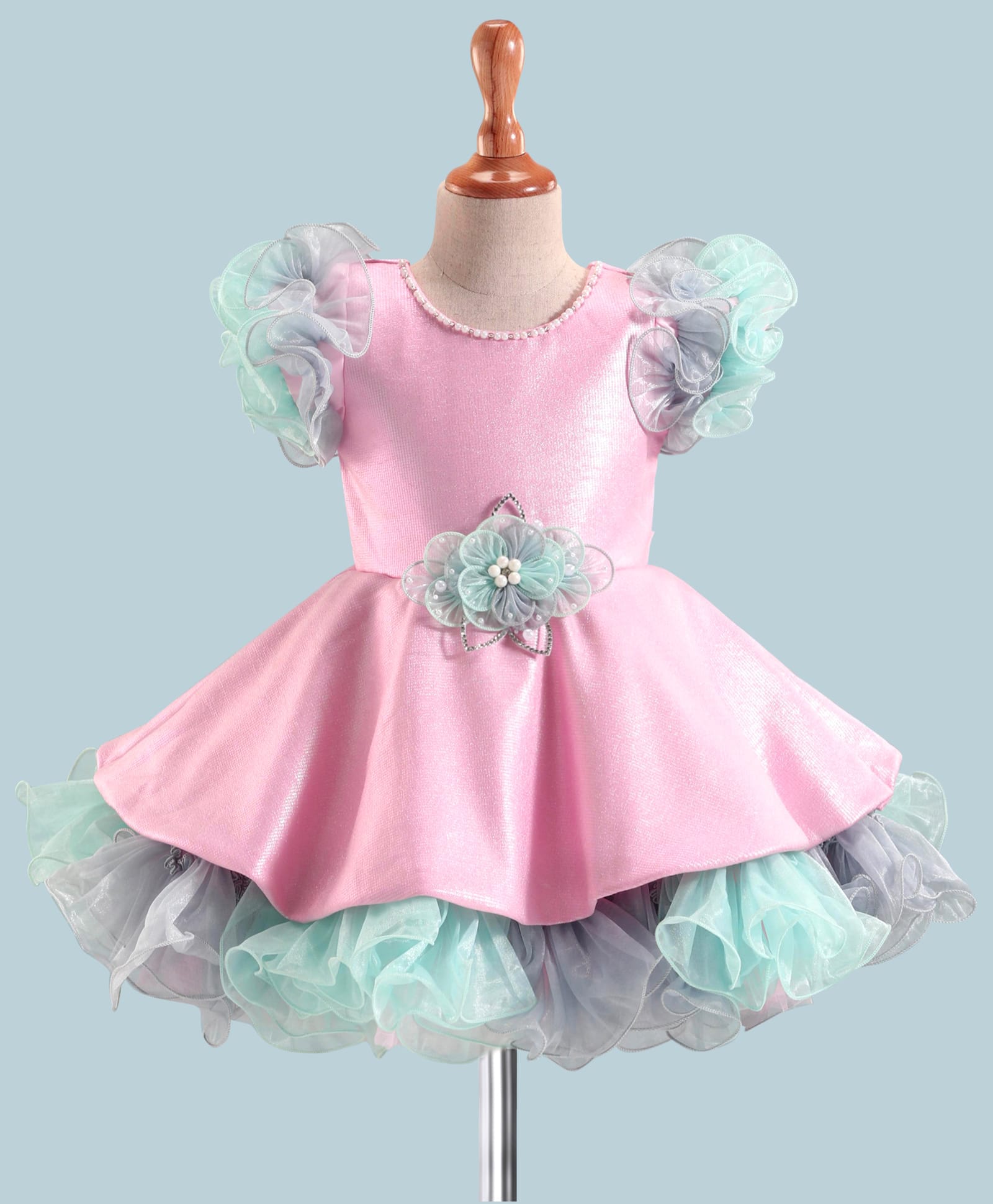 Enfance Net Knit Half Sleeves Floral Applique Party Dress With Ruffled Detailing & Pearl Embellishment - Pink-picture-44