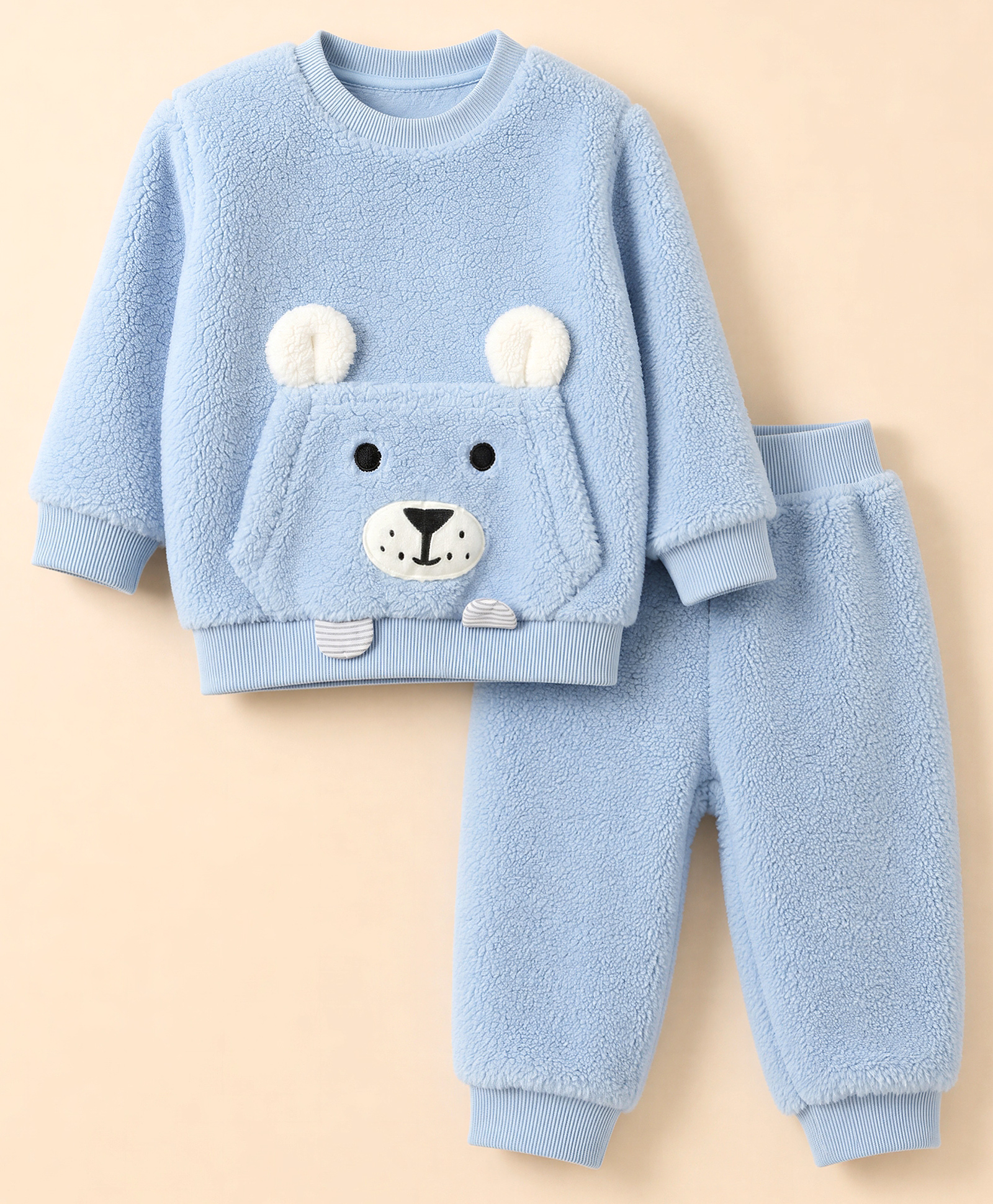 Little Kangaroos Fur Knit Full Sleeves Winter Wear T-Shirt & Lounge Pant Set with Bear Applique & Pocket - Light Blue-image-35