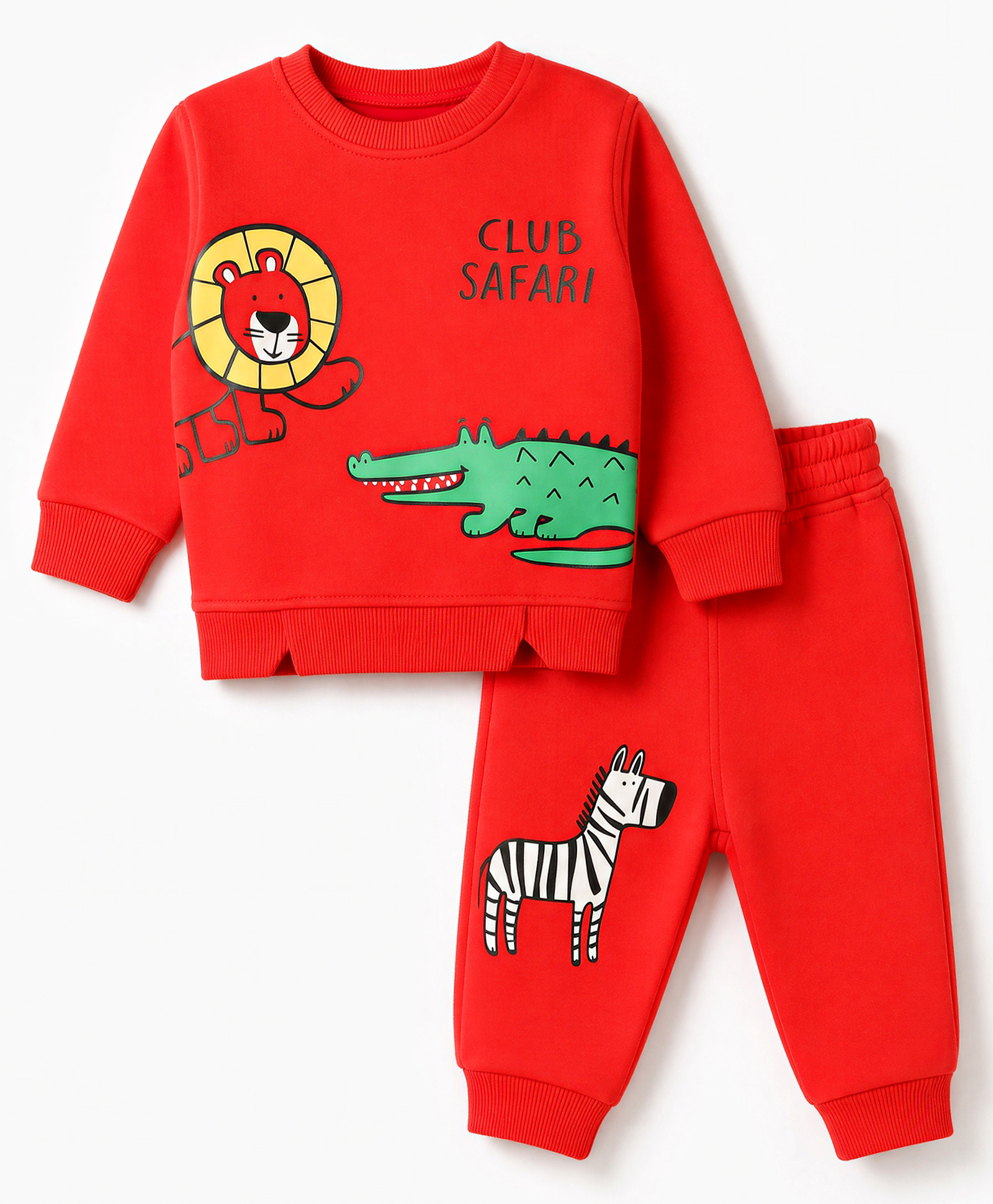 Little Kangaroos Fleece Knit Full Sleeves Winter Wear T-Shirt & Lounge Pant Set with Lion & Crocodile Print - Coral-image-32