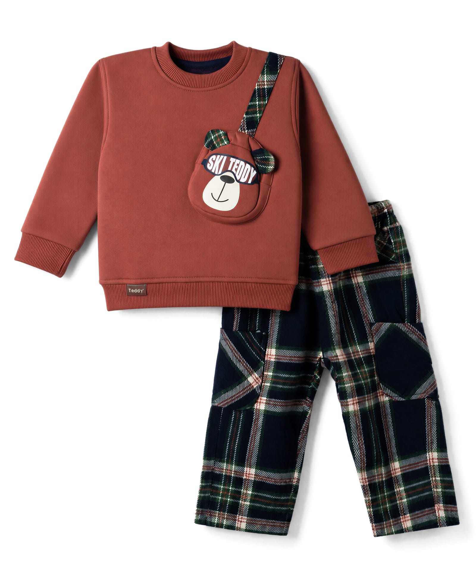 Little Kangaroos Fleece Knit Full Sleeves Checked & Animal Applique Winter Wear Suit - Dark Brown-image-2