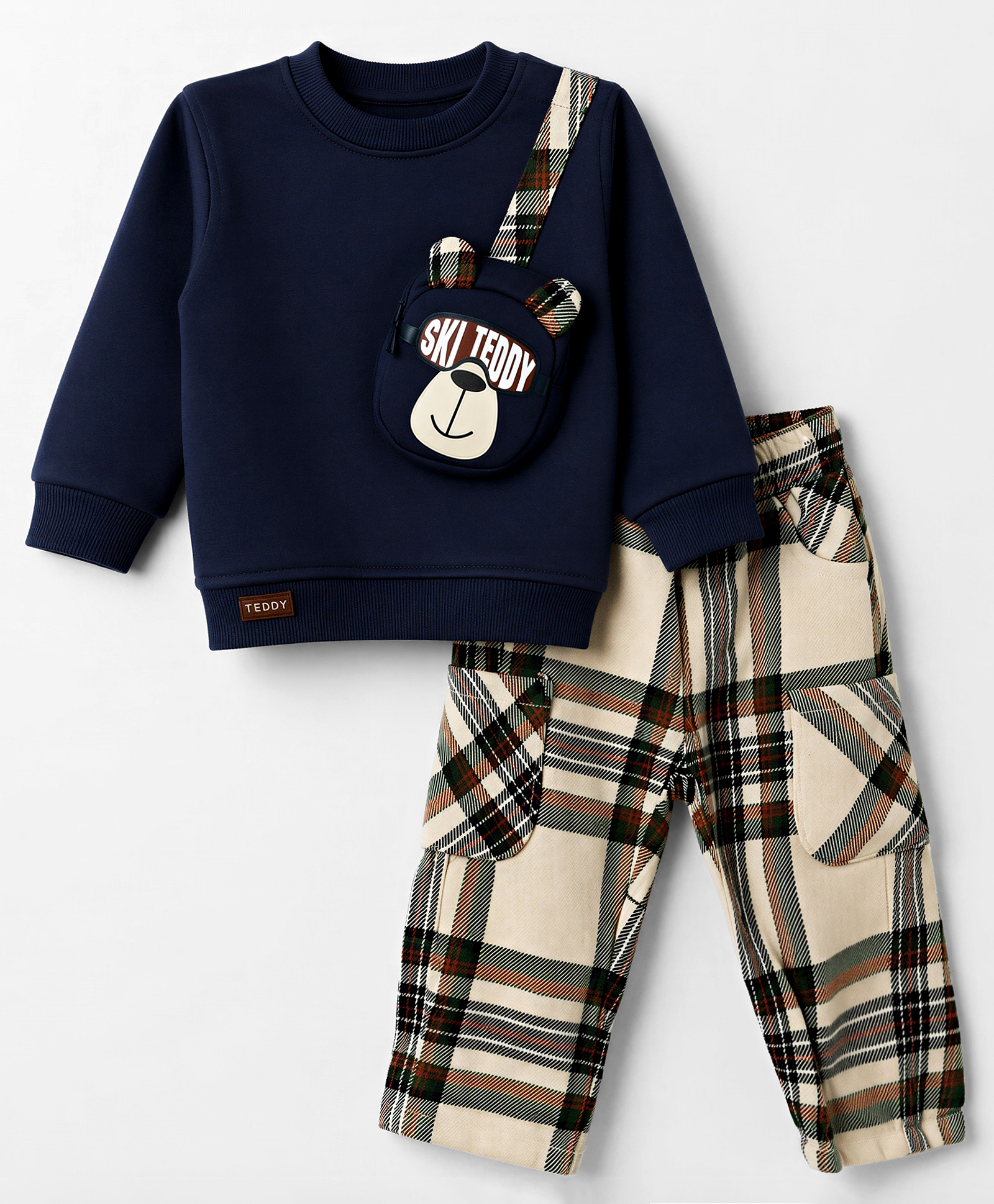 Little Kangaroos Fleece Knit Full Sleeves Winter Wear T-Shirt & Lounge Pant Set with Bear Printed Attached Pouch Pocket - Navy Blue-image-28