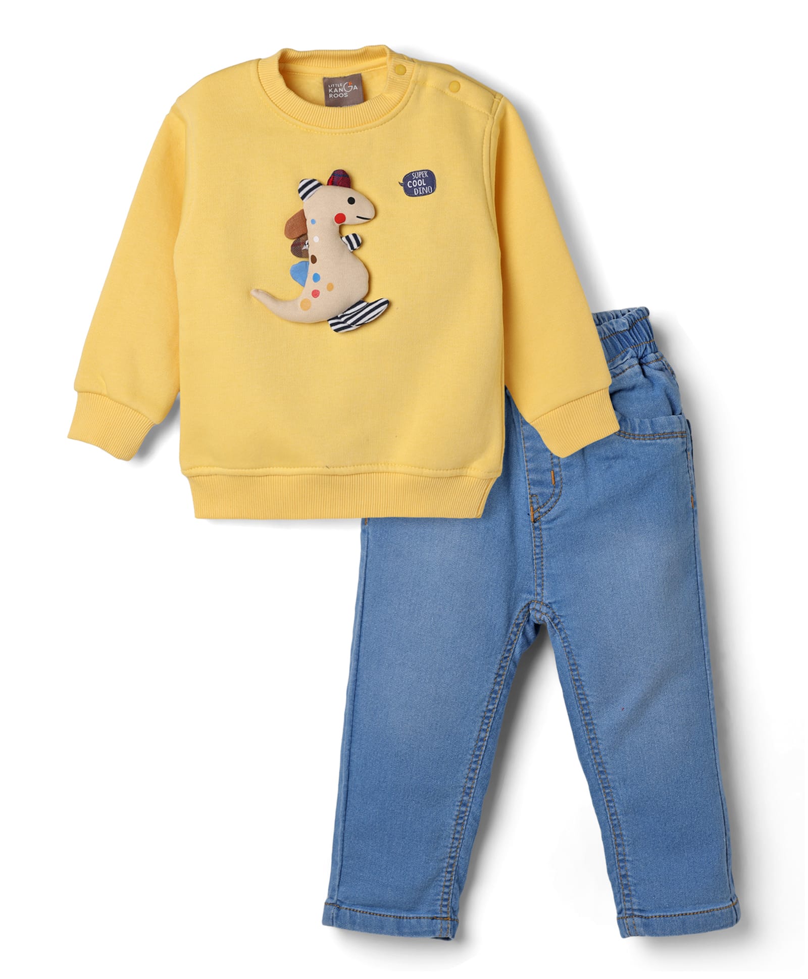 Little Kangaroos Fleece Knit Full Sleeves Winter Wear Suit With Dino Applique - Yellow & Light Blue-image-31
