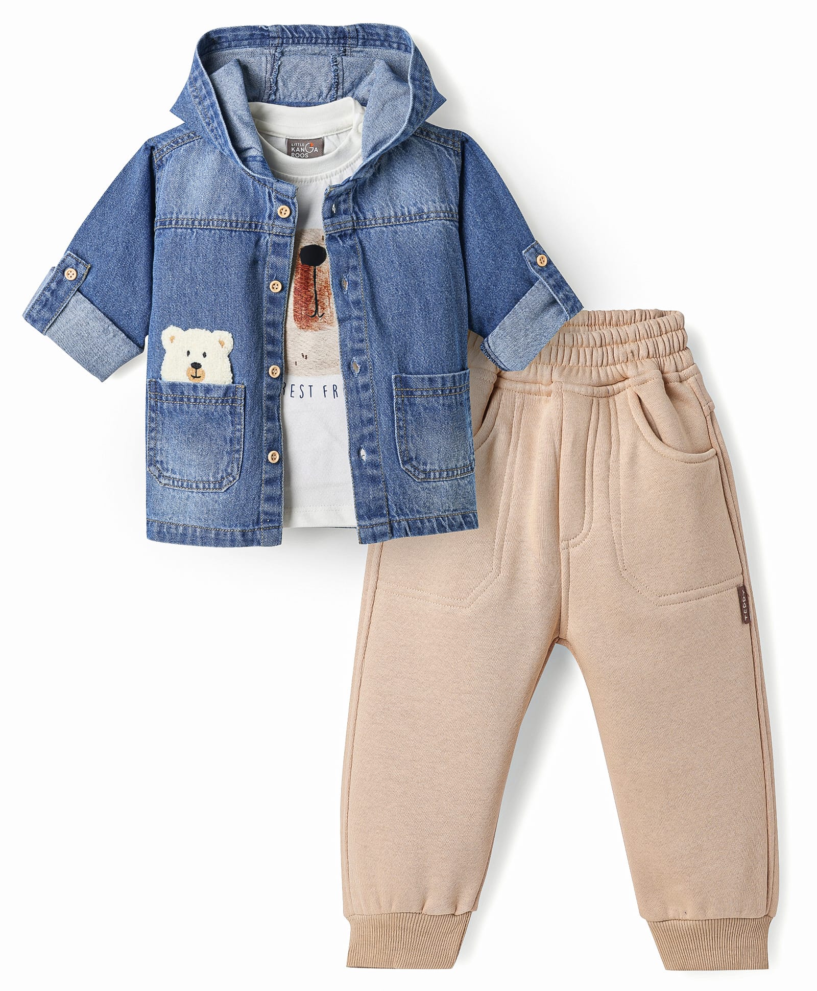 Little Kangaroos Fur Knit Full Sleeves Hooded Winter Wear Suit With Bear Printed T-Shirt - Blue & Beige-picture-13