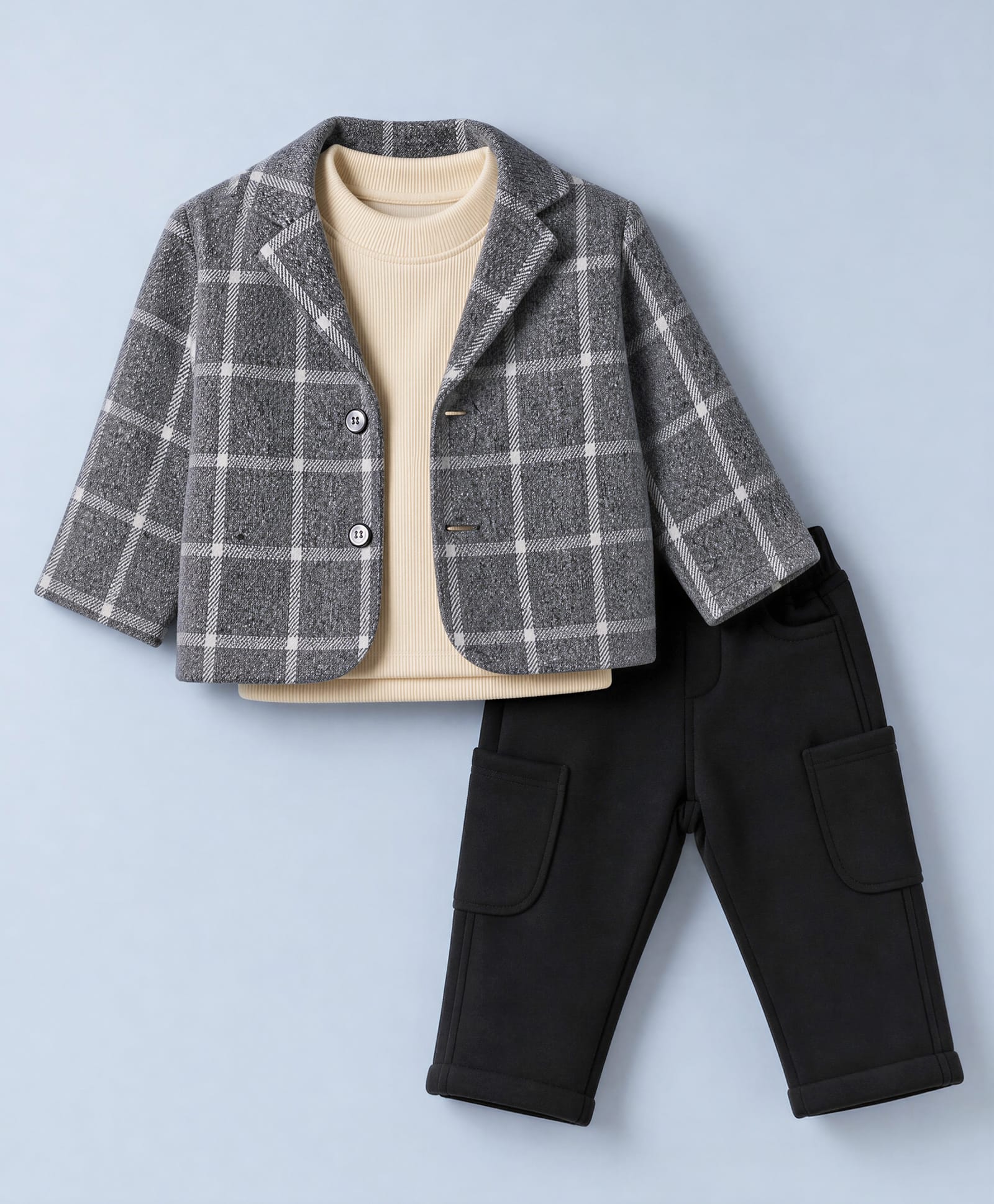 Little Kangaroos Looper Knit Full Sleeves T-Shirt & Pant Set with Checkered Jacket - Black-image-34