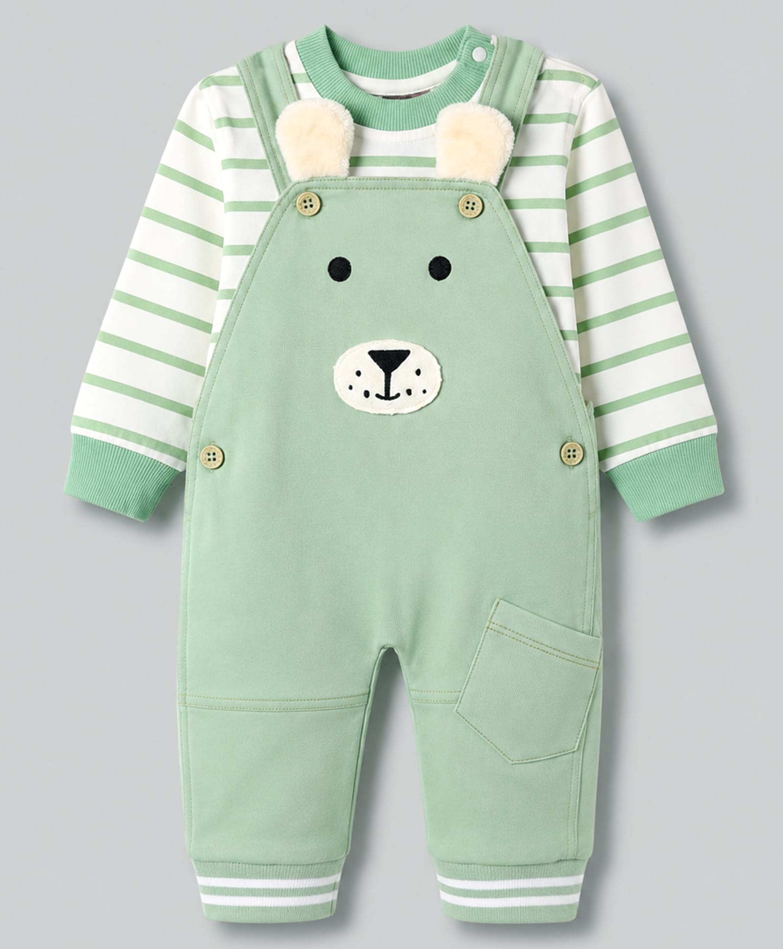 Little Kangaroos Interlock Knit Full Sleeves Striped & Animal Patch Winter Wear Dungaree & Tee - Light Green-image-32