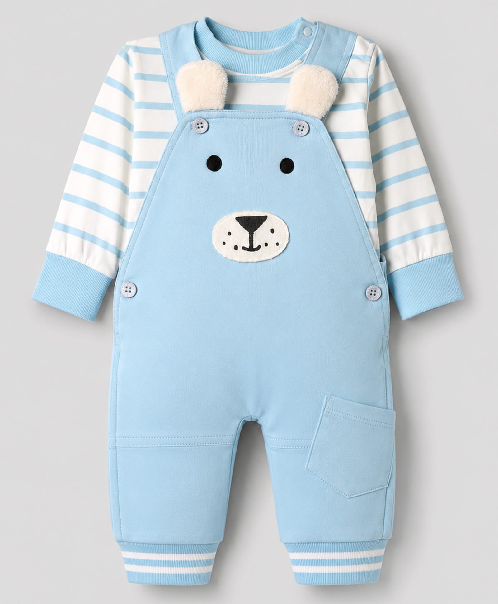 Little Kangaroos Interlock Knit Full Sleeves Striped & Animal Patch Winter Wear Dungaree & Tee - Light Blue-image-45