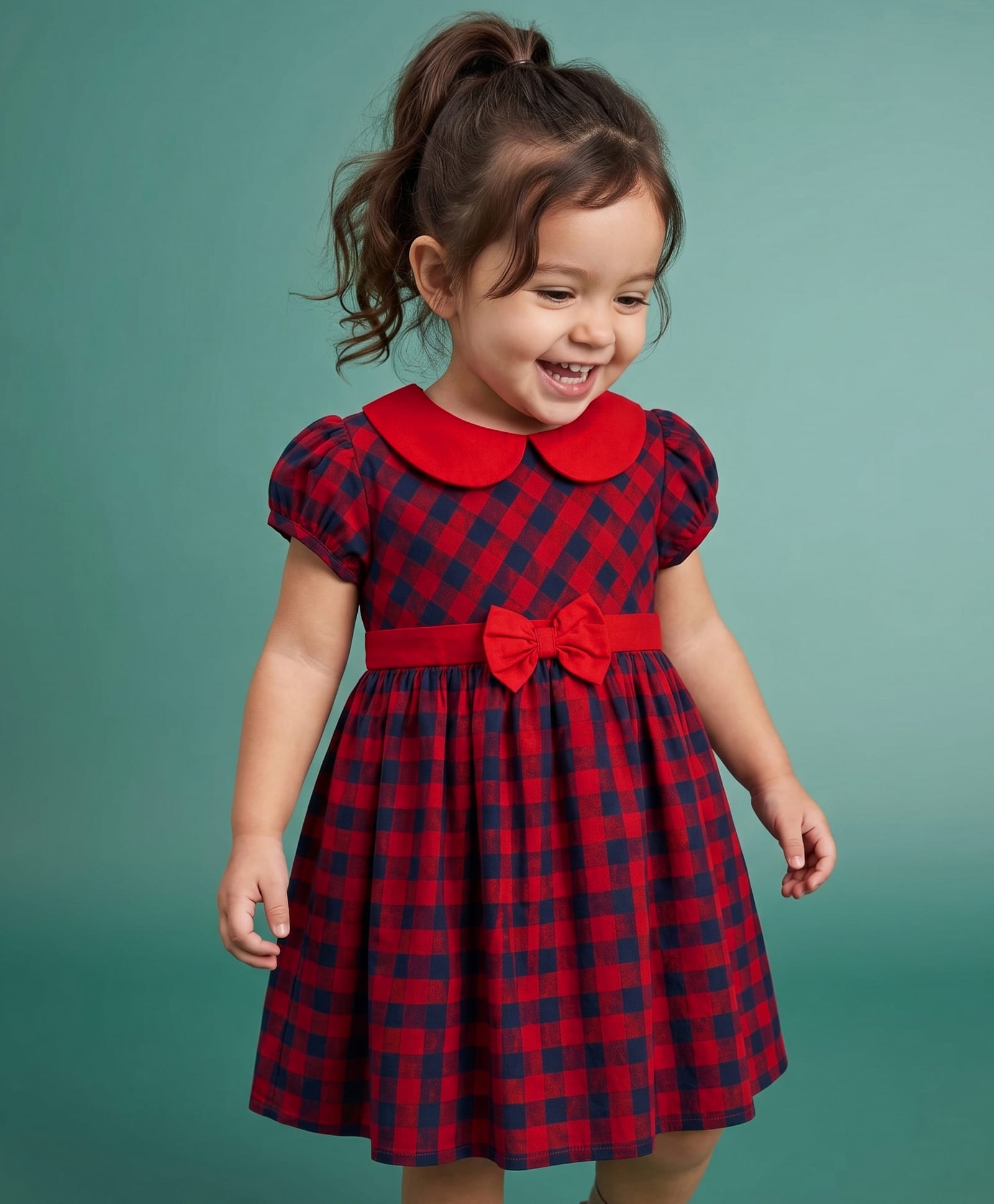 Babyhug Woven Half Puffed Sleeves Checked Frock With Bow Applique - Red