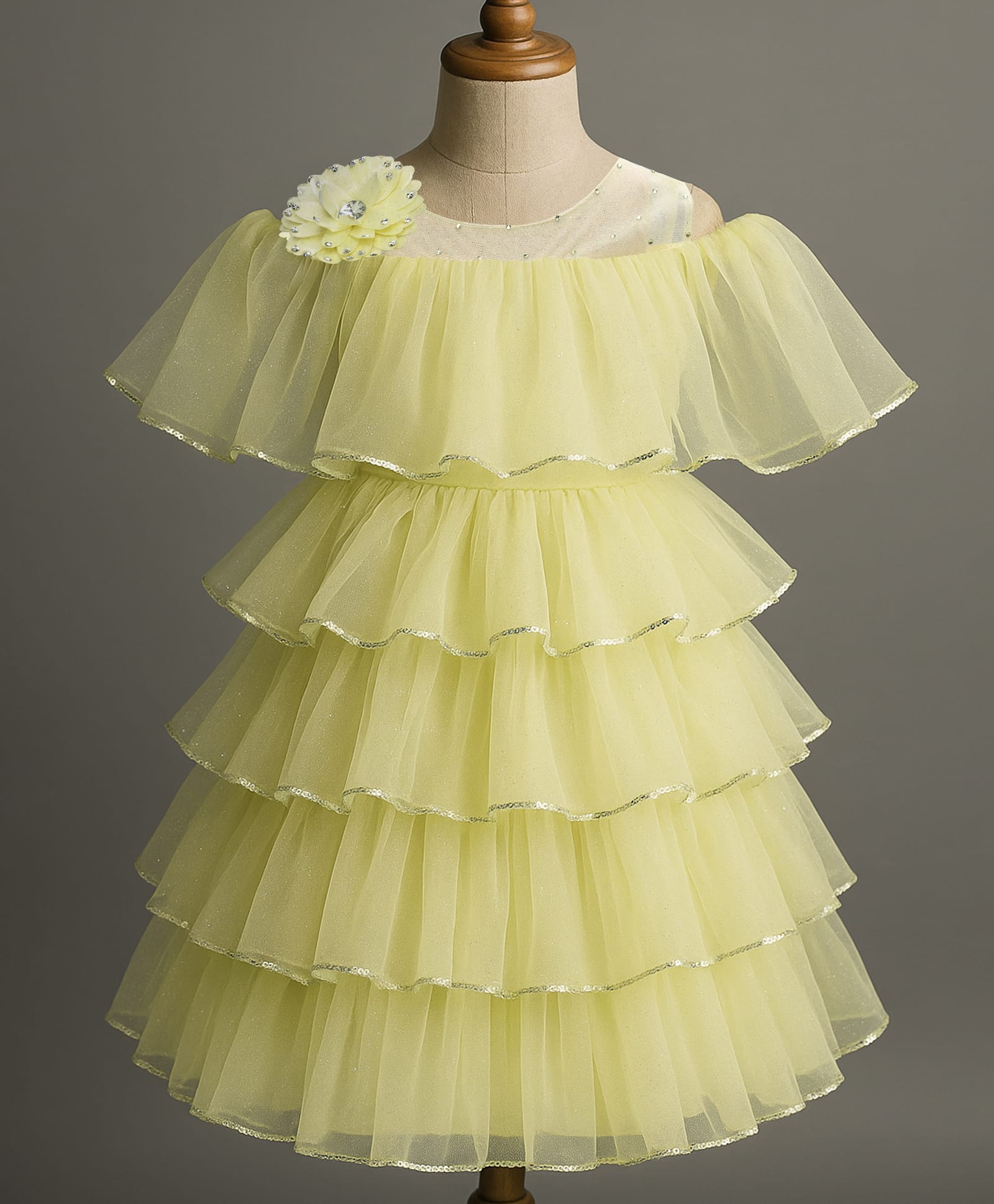 Enfance Net Knit Cold Shoulder Sleeves Layered Party Dress With Floral Applique - Yellow-picture-10