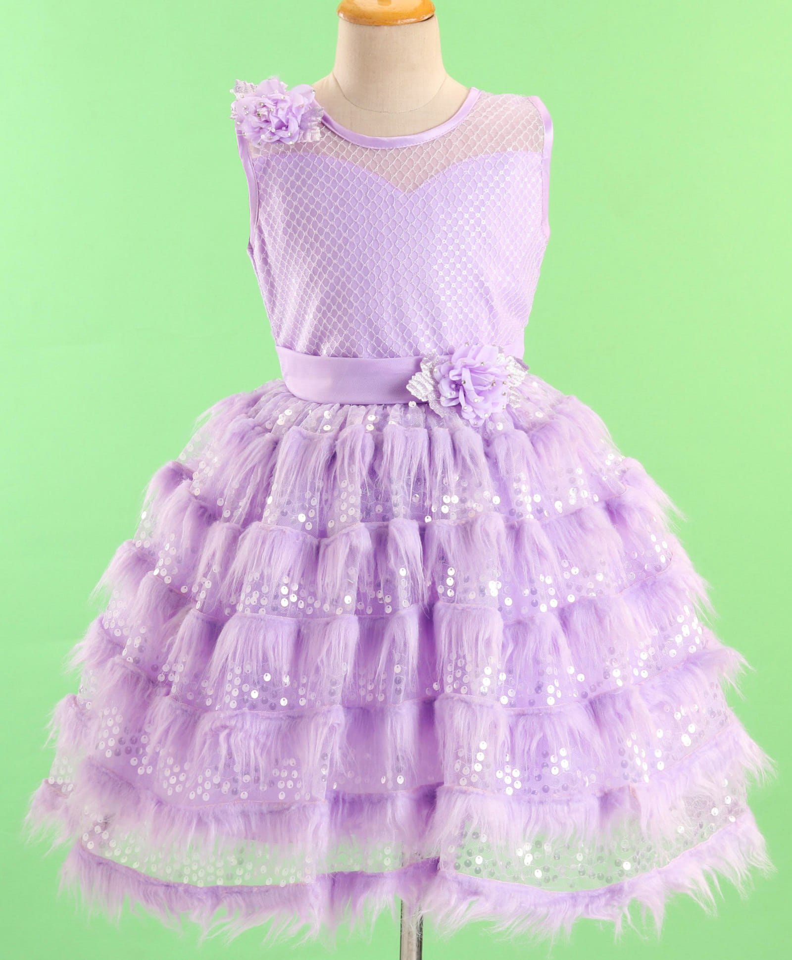 Enfance Net Knit Sleeveless Sequinned Party Dress With Floral Applique - Lavender-picture-14
