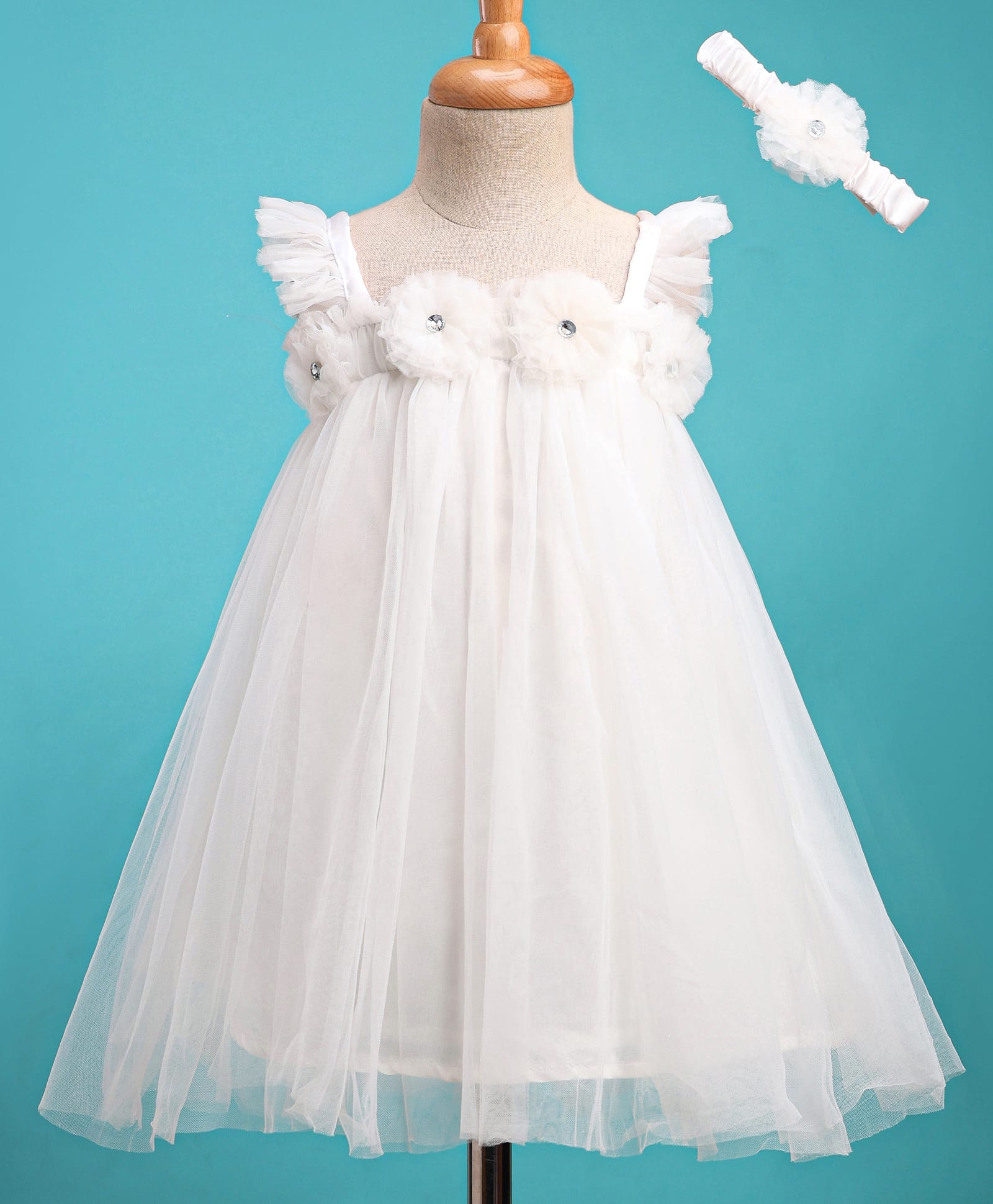 Enfance Net Knit Sleeveless Flower Applique Solid Dress With Headband - OffWhite-image-40