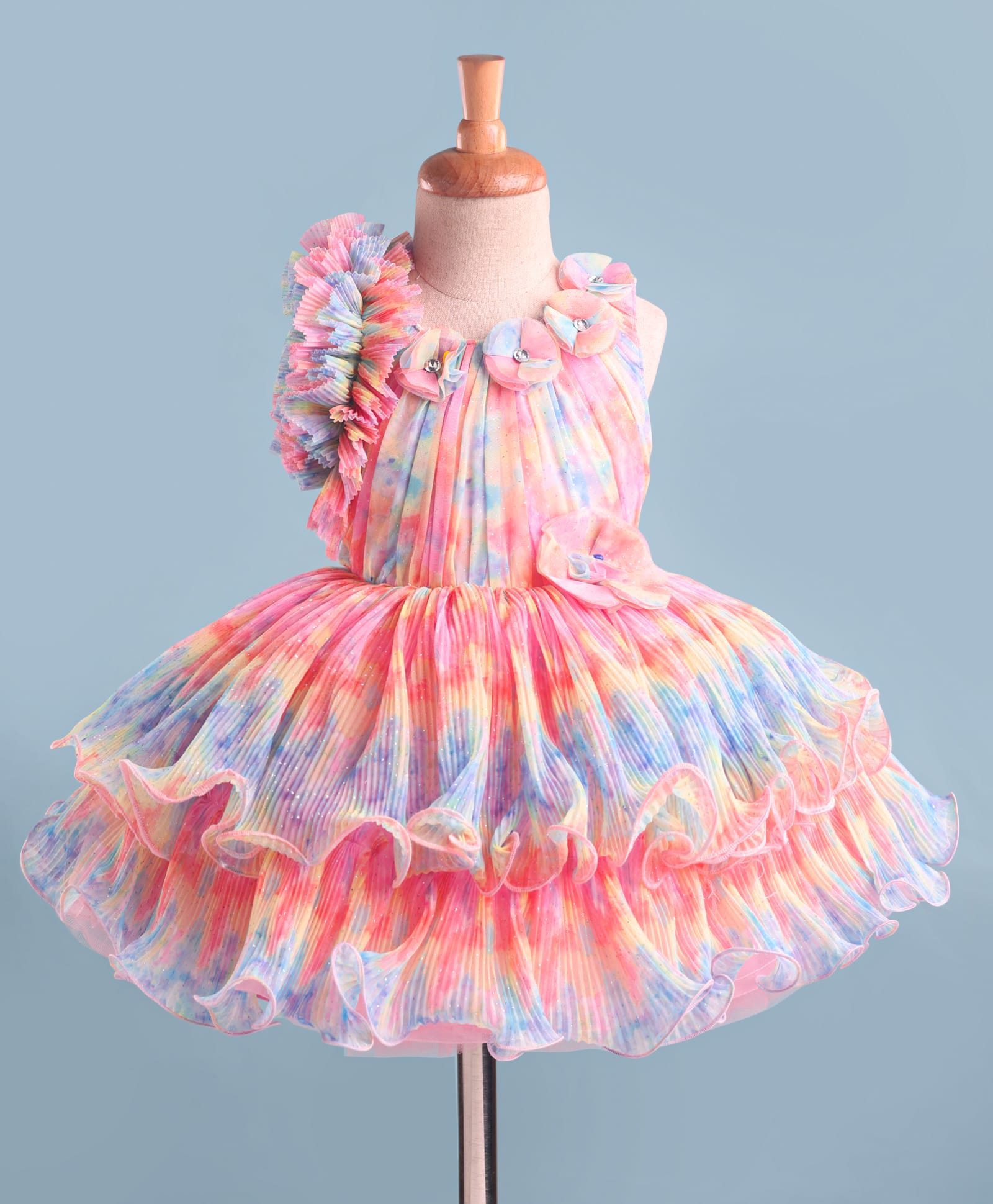 Enfance Knit Flared Sleeves Flower Applique & Ruffle Detailed Party Dress - Pink-image-2