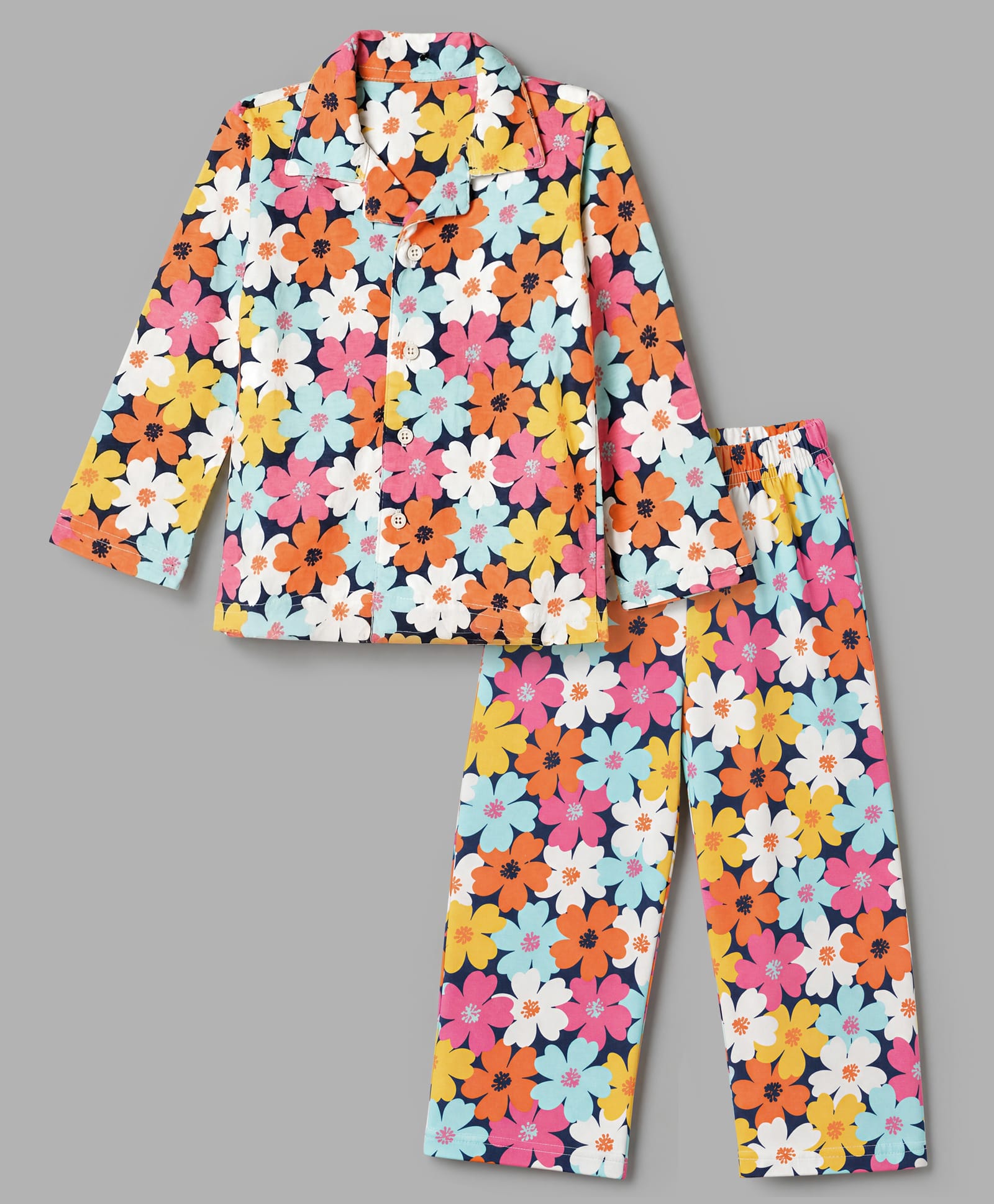 Babyhug Cotton Knit Full Sleeves Front Open Shirt & Pyjama Night Suit with Floral Print - White & Navy Blue-image-42