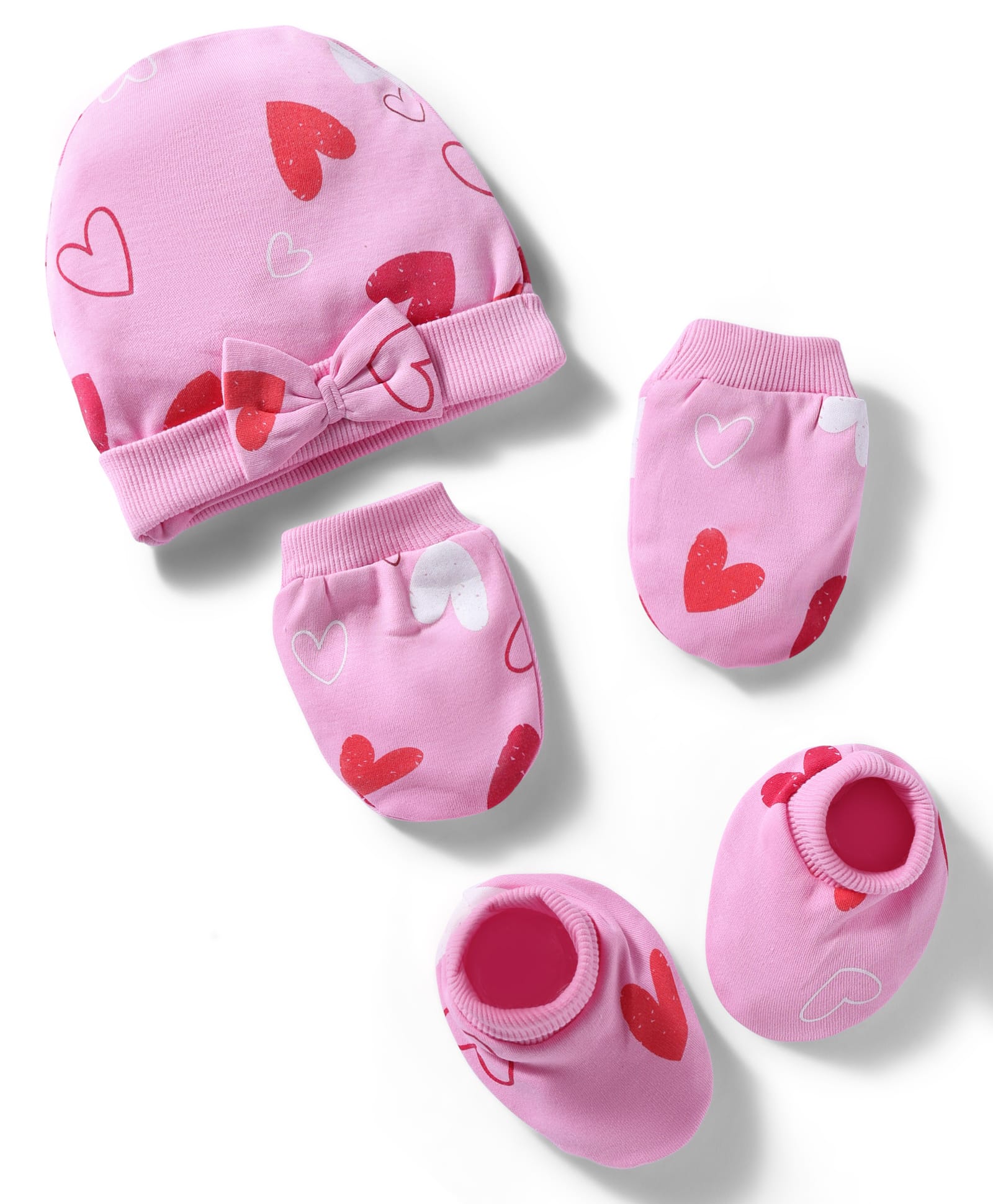 Bonfino 100% Cotton Knit Cap Mittens and Booties with Heart Print & Bow Applique Pink - Diameter 10 cm-picture-0