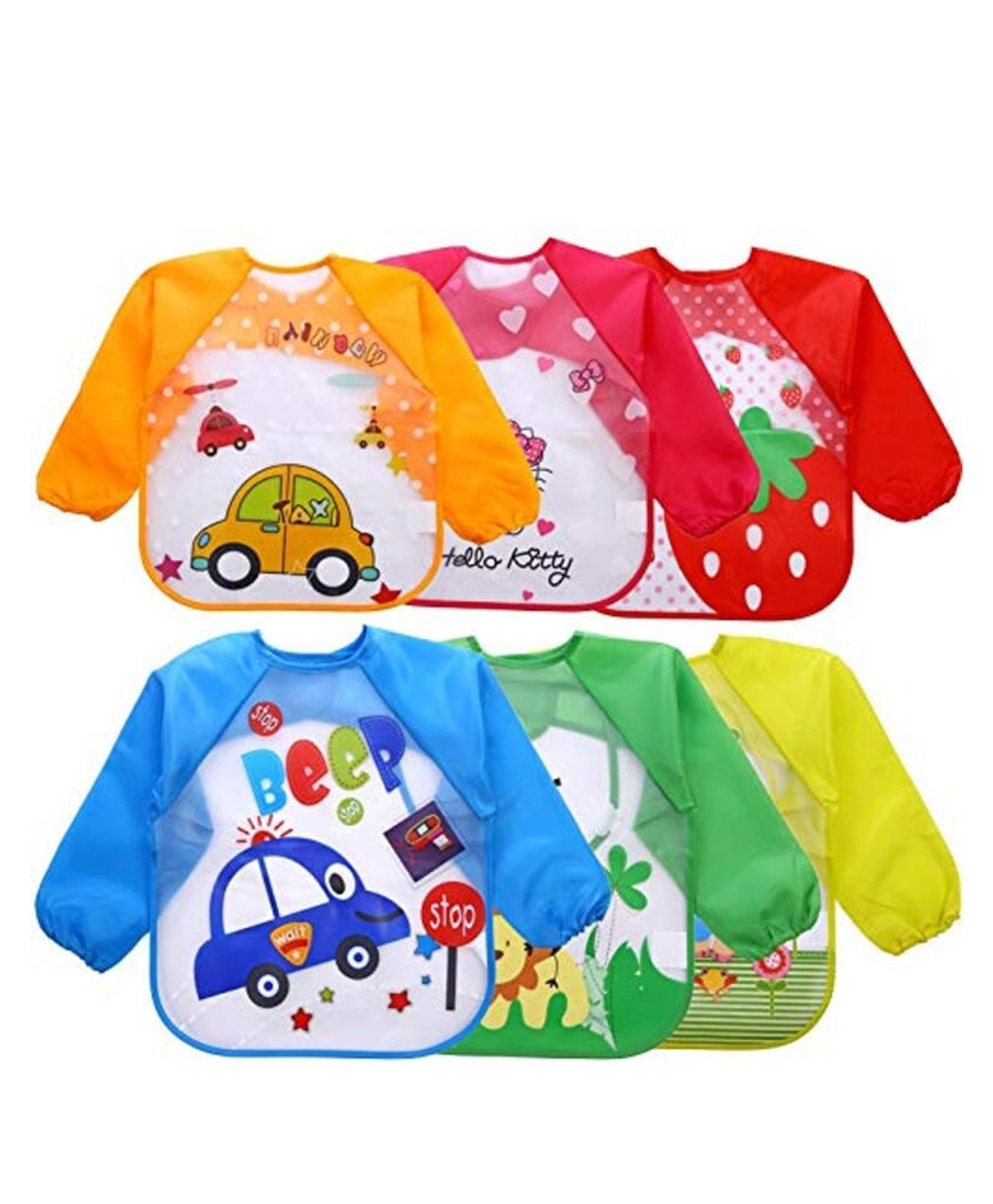 Little Boo Long Sleeve Baby Bibs, Waterproof Feeding Smocks for Toddlers 636 Months, Full-Sleeve kids Apron,Easy-to-Clean Reusable washable Feeding Bibs, Pack of 3,Multicolor Print May Vary-image-1
