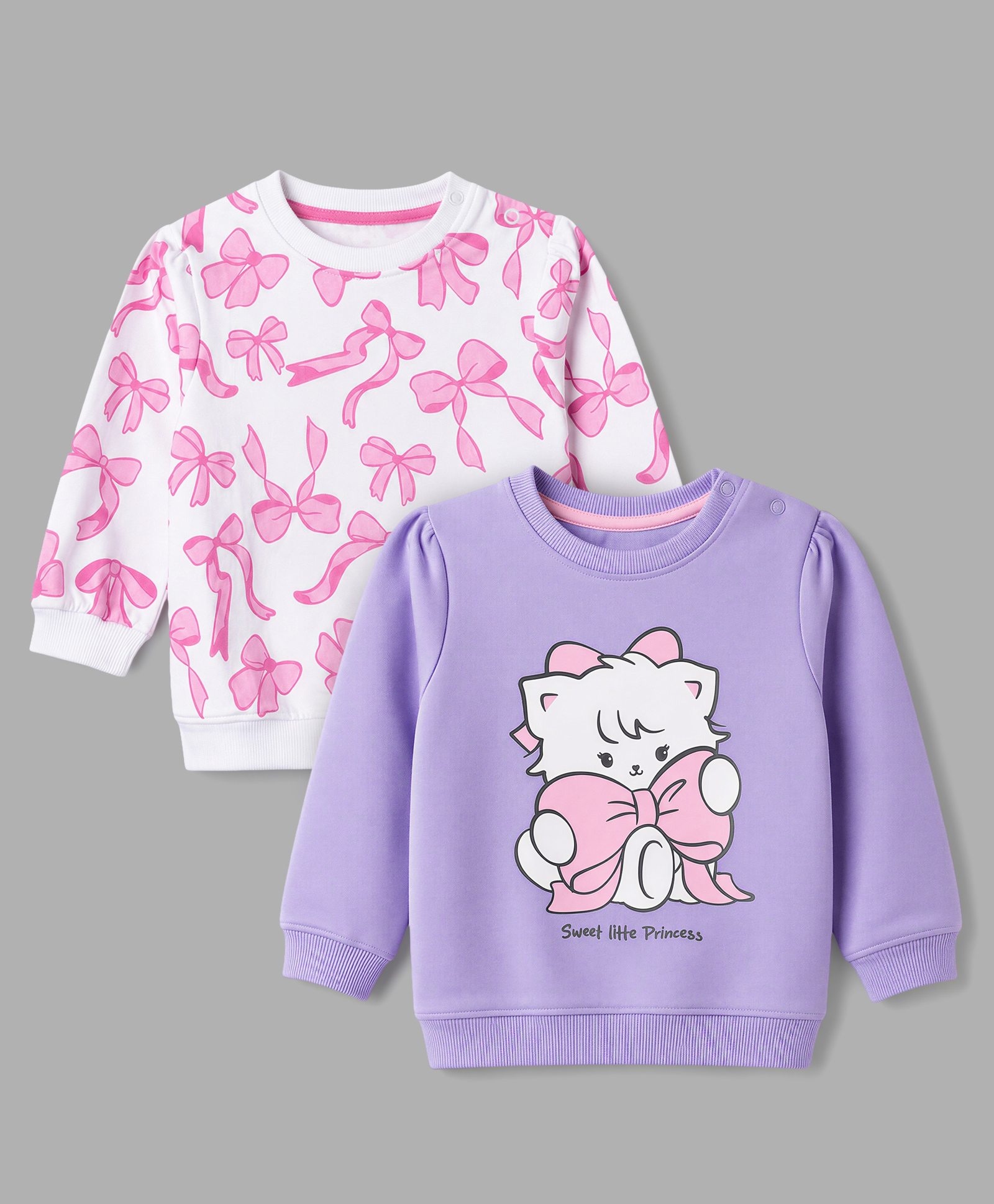 Babyhug 100% Cotton Heavy Gauge Terry Knit Full Sleeves Bow & Kitty Printed Sweatshirts Pack Of 2 - Purple & White-image-13