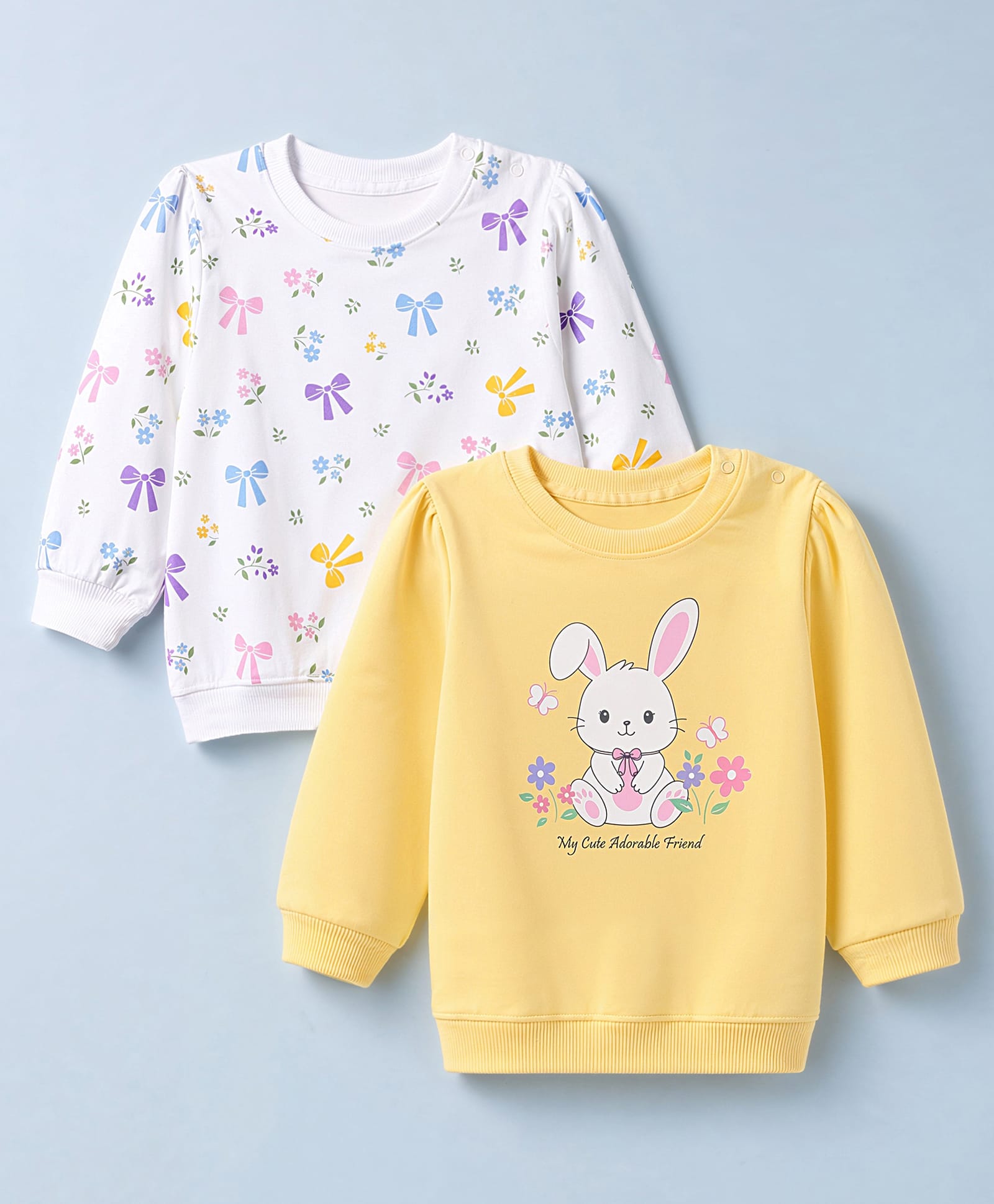Babyhug Heavy Gauge Terry Knit Full Sleeves Sweatshirts With Bow and Bunny Print Pack of 2 - White & Yellow-image-6