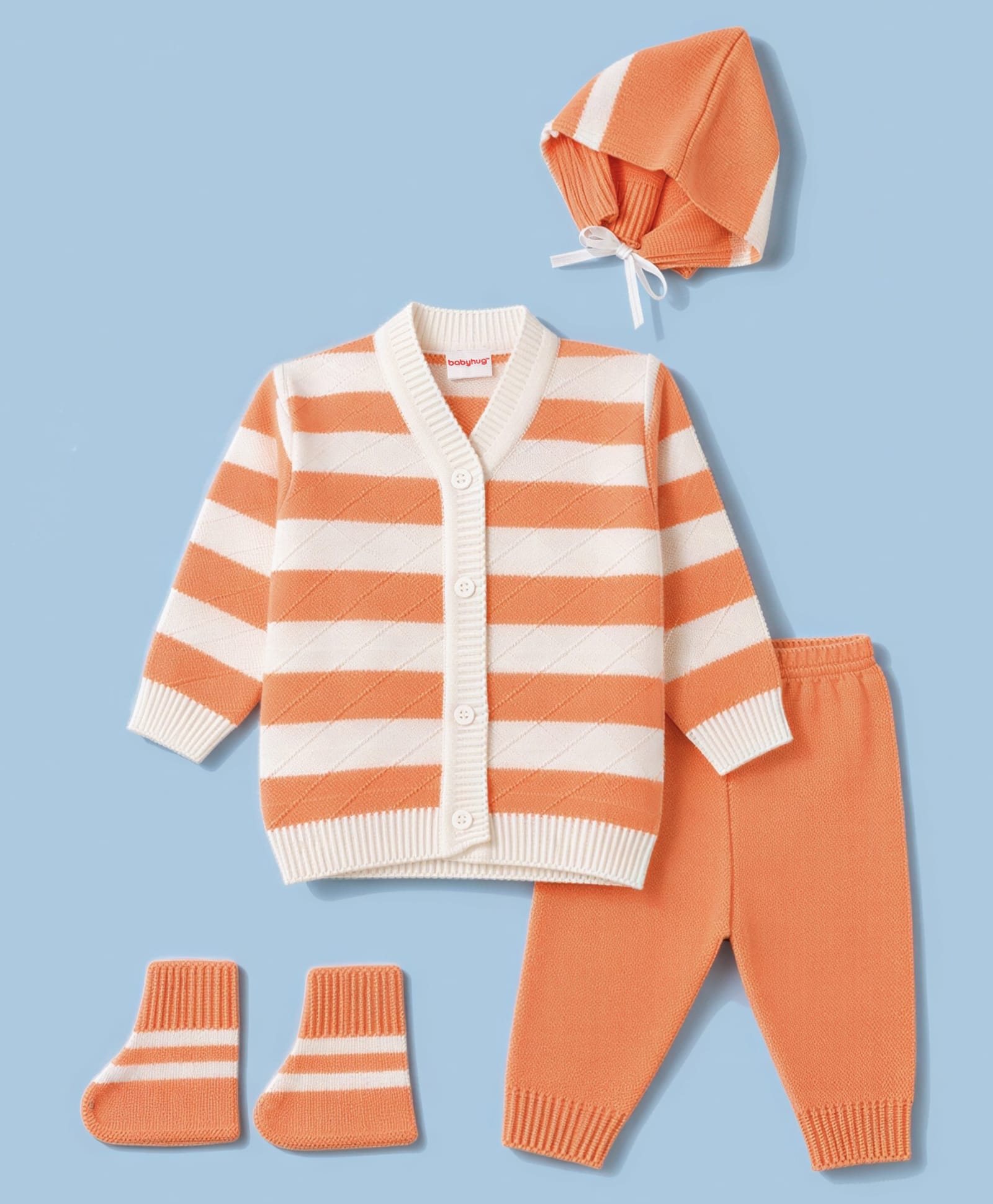 Babyhug Knit Full Sleeves Striped Sweater Set With Booties & Cap - Orange-picture-19