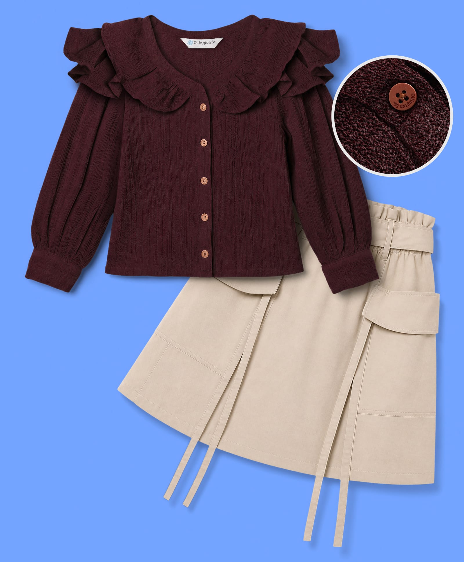 OLLINGTON ST. Woven Full Sleeves Top & Cotton Twill Skirt - Wine & Beige-image-27