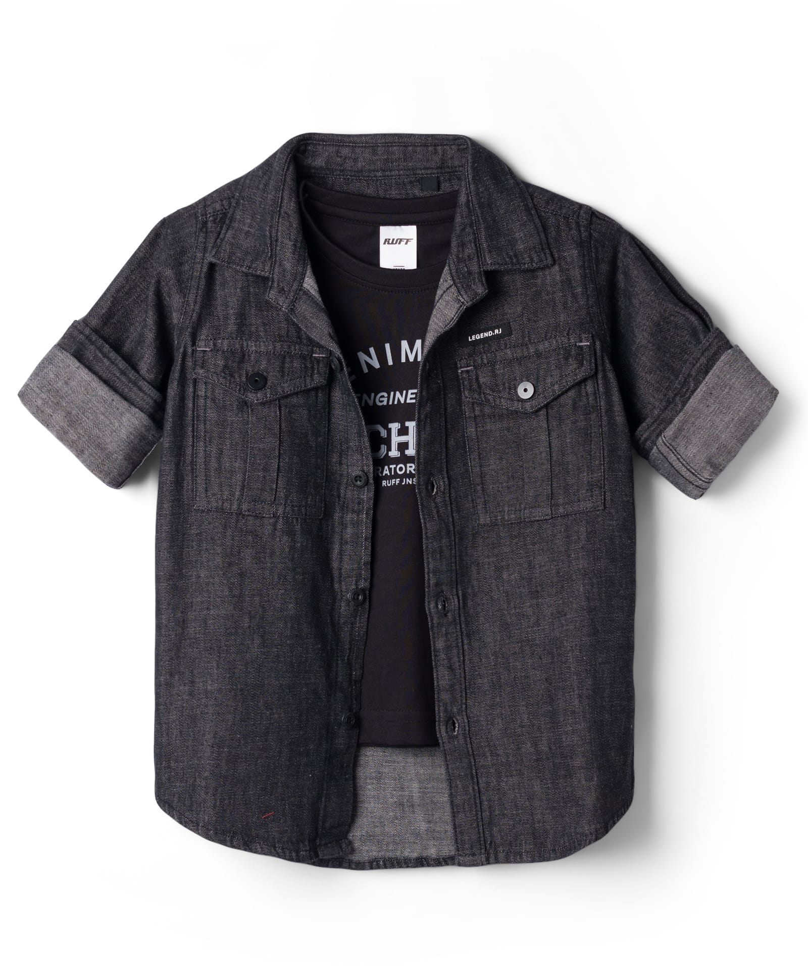 Ruff Denim Woven Full Sleeves Shirt with Text Printed T-Shirt - Black-picture-24