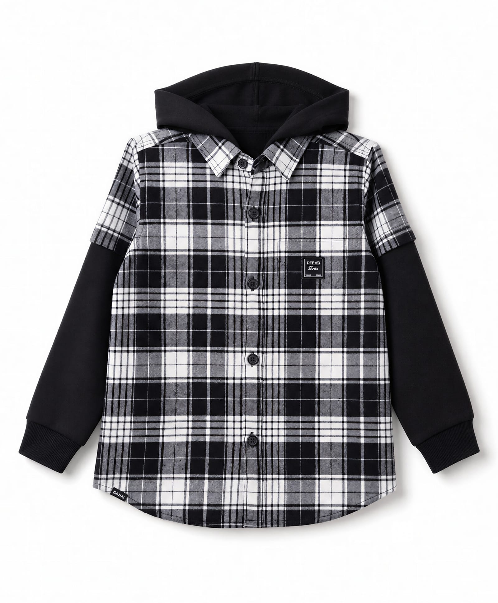 Ruff Flannel Woven Hooded Full Doctor Sleeves Brushing Shirt with Buffalo Checks - Black-picture-15