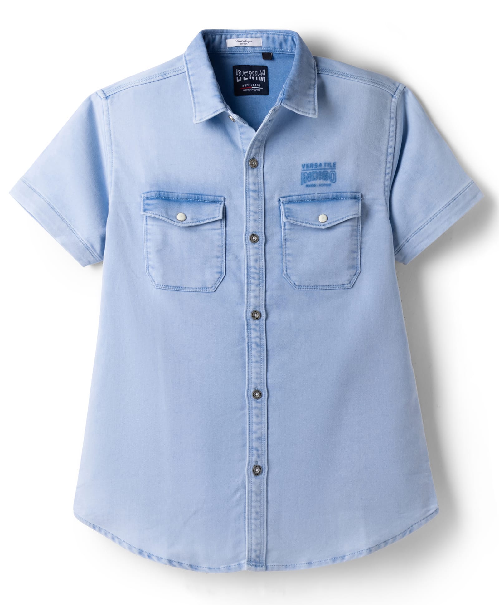 Ruff Denim Woven Half Sleeves Versatile Indigo Printed Shirt - Light Blue-image-10