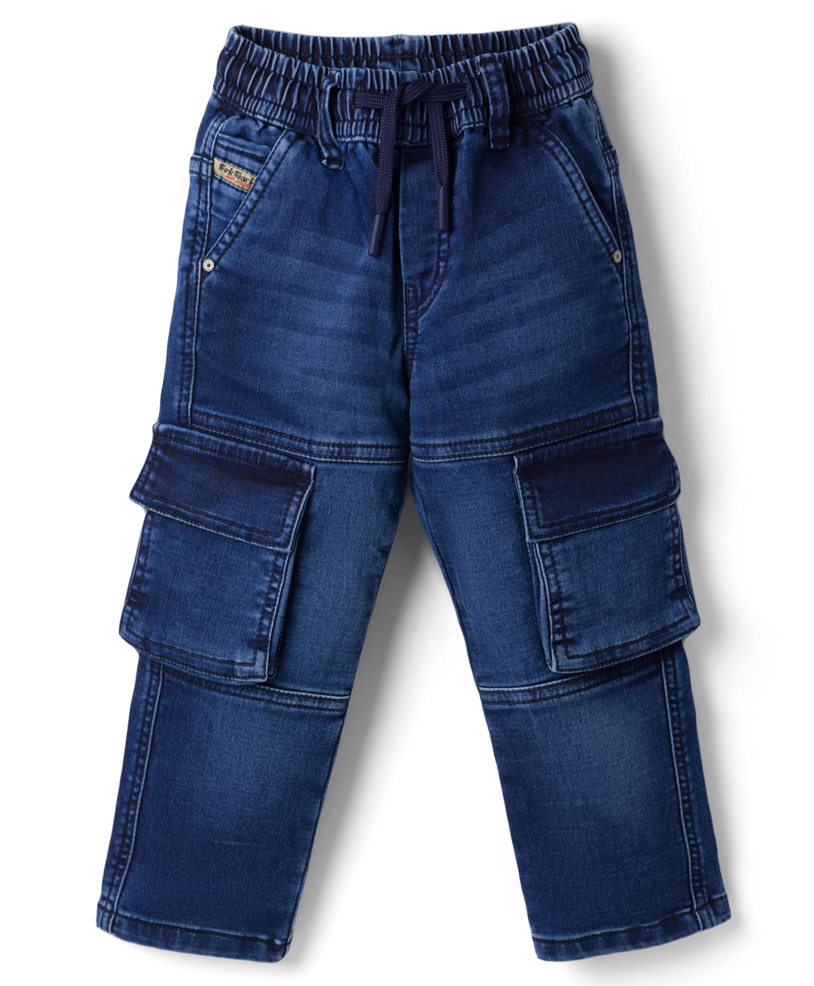 Ruff Denim Knit Full Length Cut N Sew Washed Jeans With Cargo Pockets & Patch - Navy Blue-picture-10