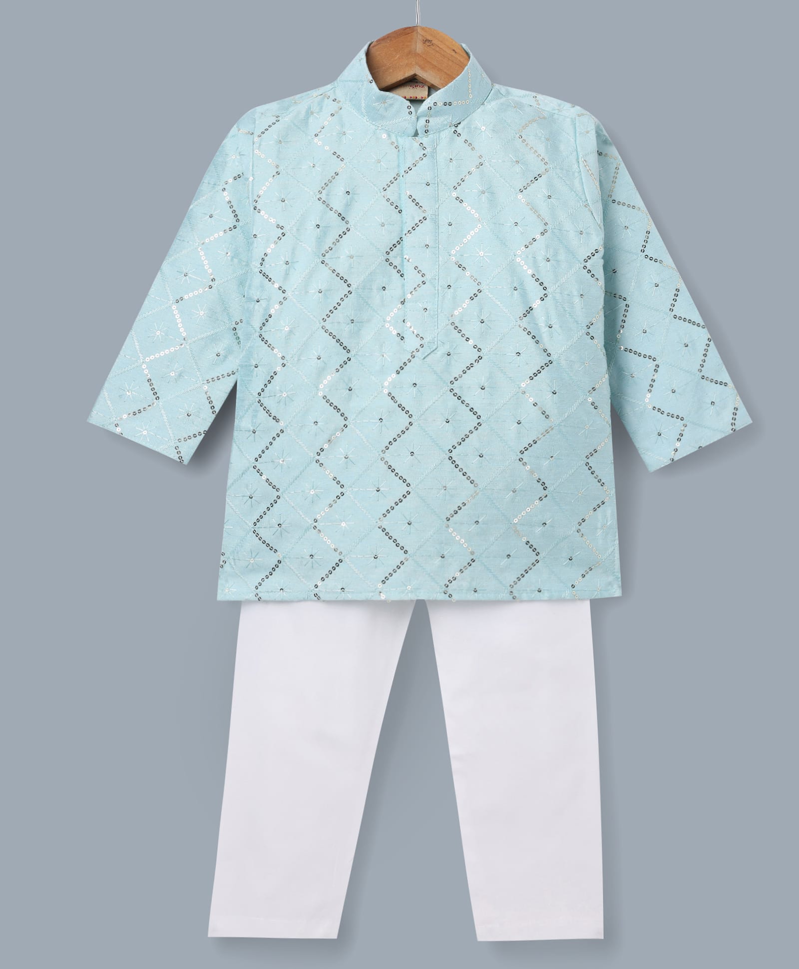 Ridokidz Cotton Woven Full Sleeves Sequinned & Embroidered Kurta & Pyjama Set - Light Blue-picture-42