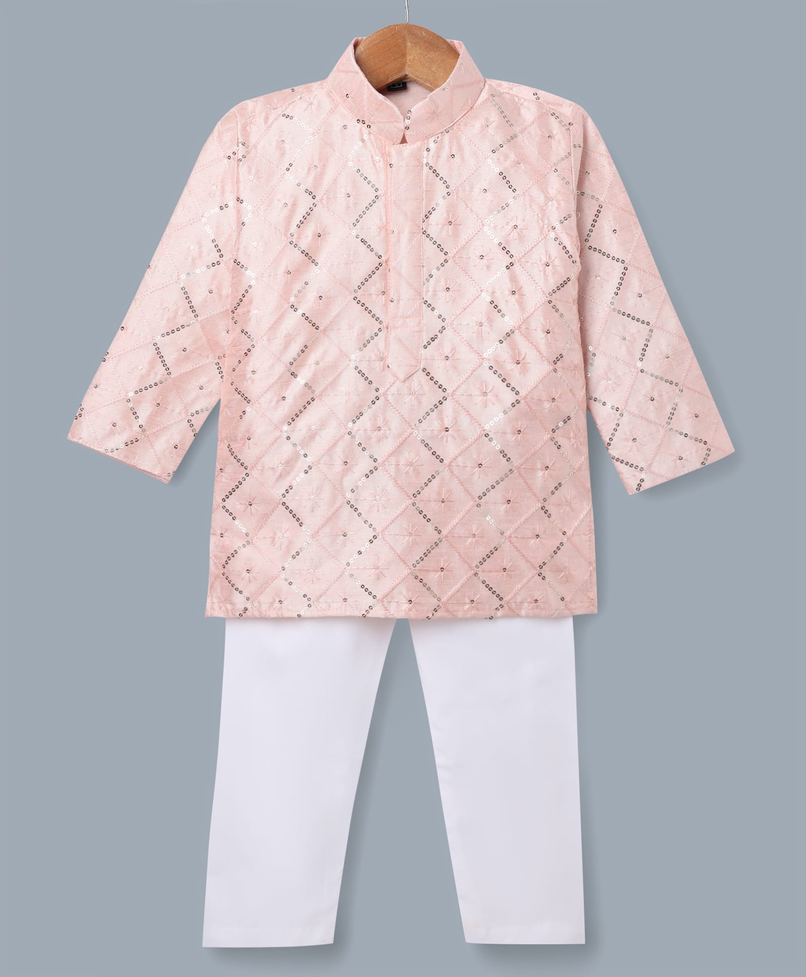 Ridokidz Cotton Woven Full Sleeves Sequinned & Embroidered Kurta & Pyjama Set - Light Pink-picture-2