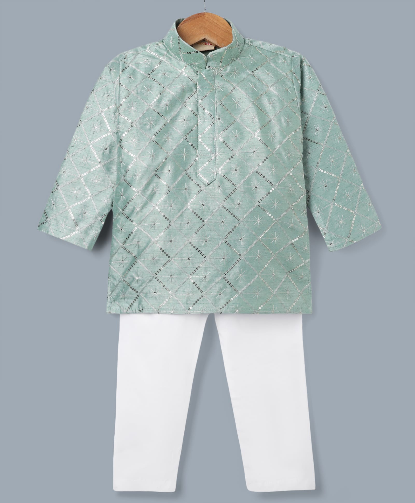Ridokidz Cotton Woven Full Sleeves Sequinned Kurta Pajama Set - Light Green-picture-38