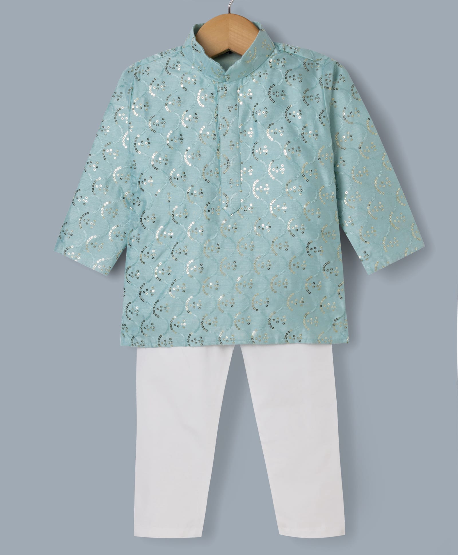 Ridokidz Cotton Woven Full Sleeves Sequinned Kurta & Pyjama Set - Light Blue-image-49