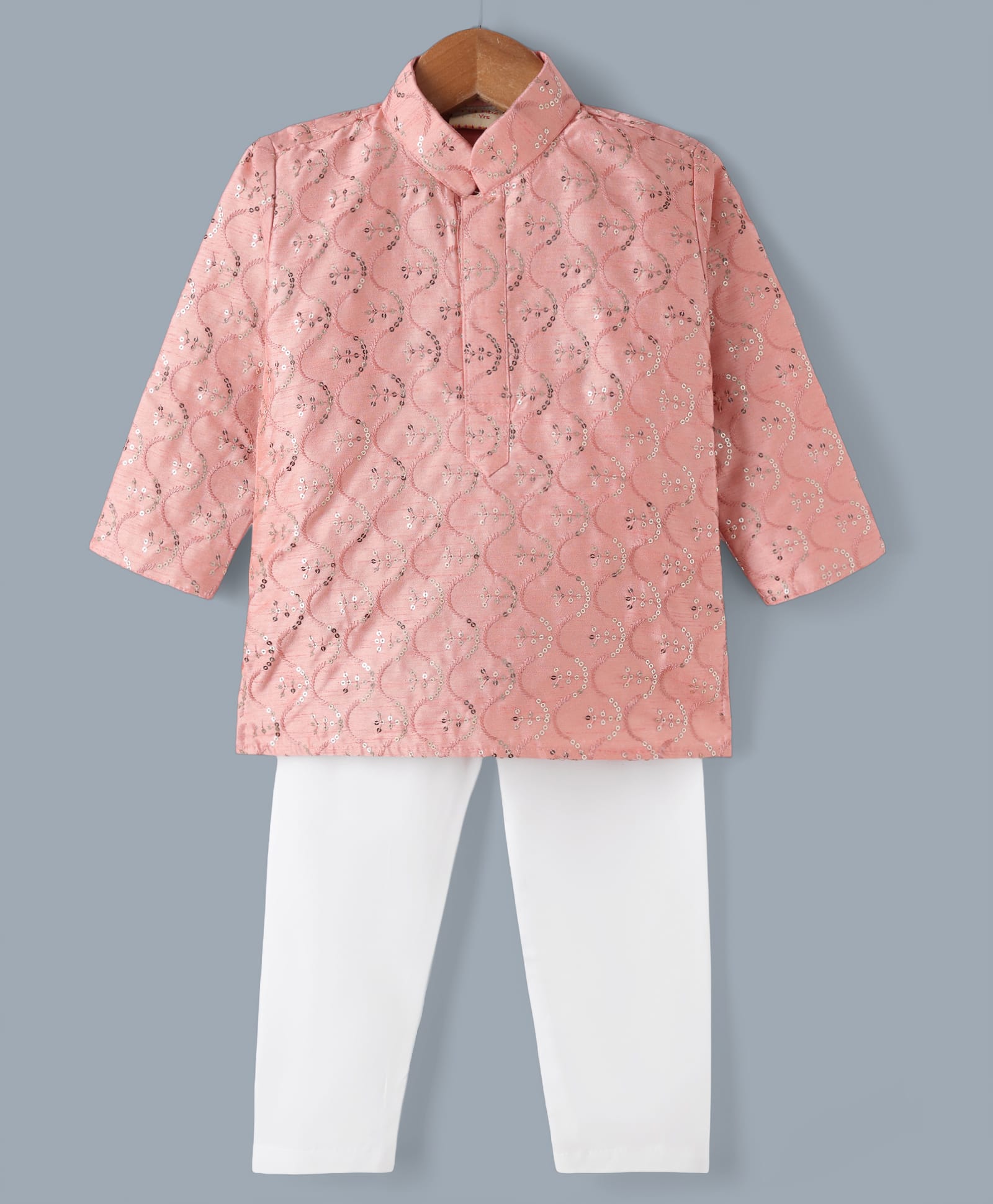 Ridokidz Cotton Woven Full Sleeves Sequinned Kurta Pajama Set - Light Peach-picture-37