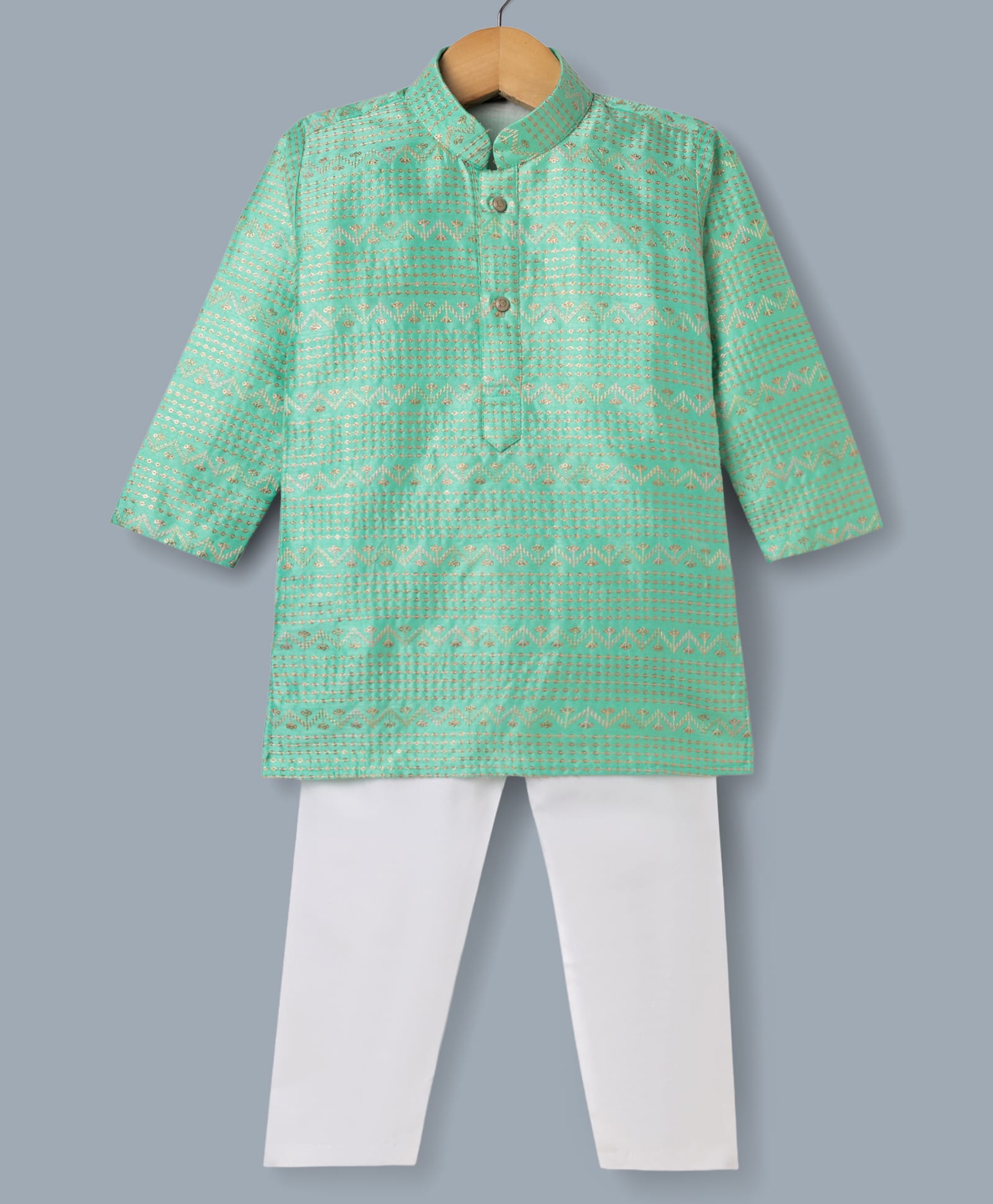 Ridokidz Cotton Woven Full Sleeves Embroidered Kurta & Pyjama Set - Sea Green-picture-18
