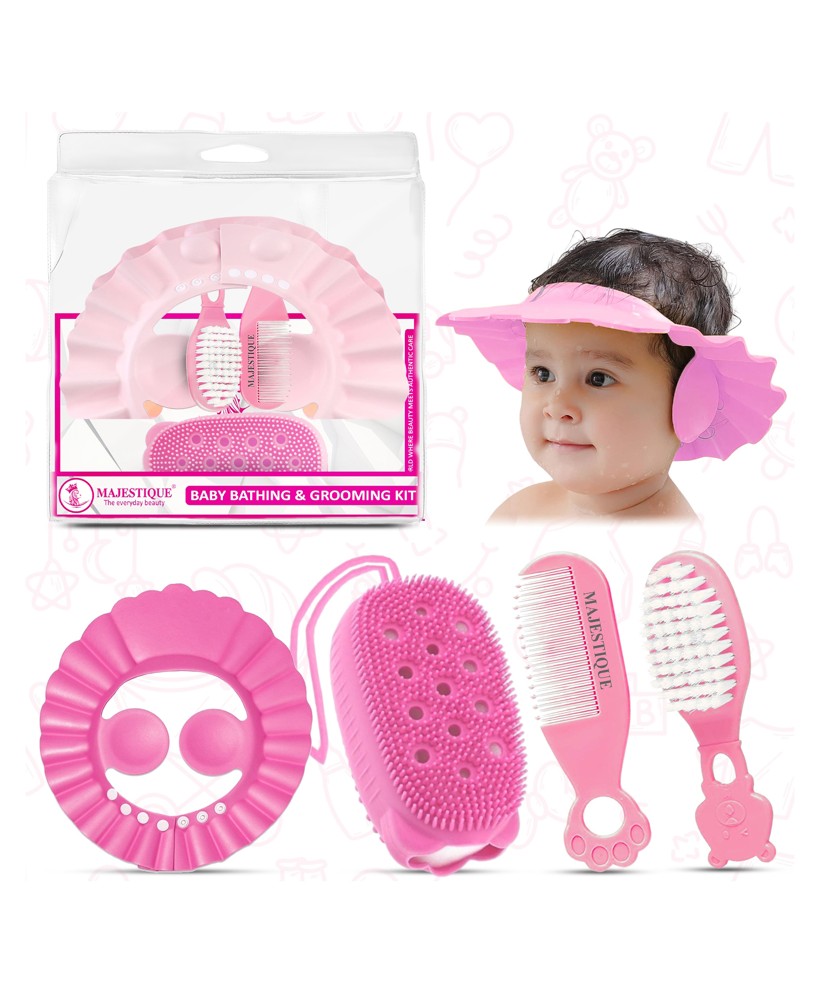 Majestique Baby Bathing & Grooming Kit, Soft Brush, Comb, Bath Cap, Sponge - 4Pcs_PINK-image-45
