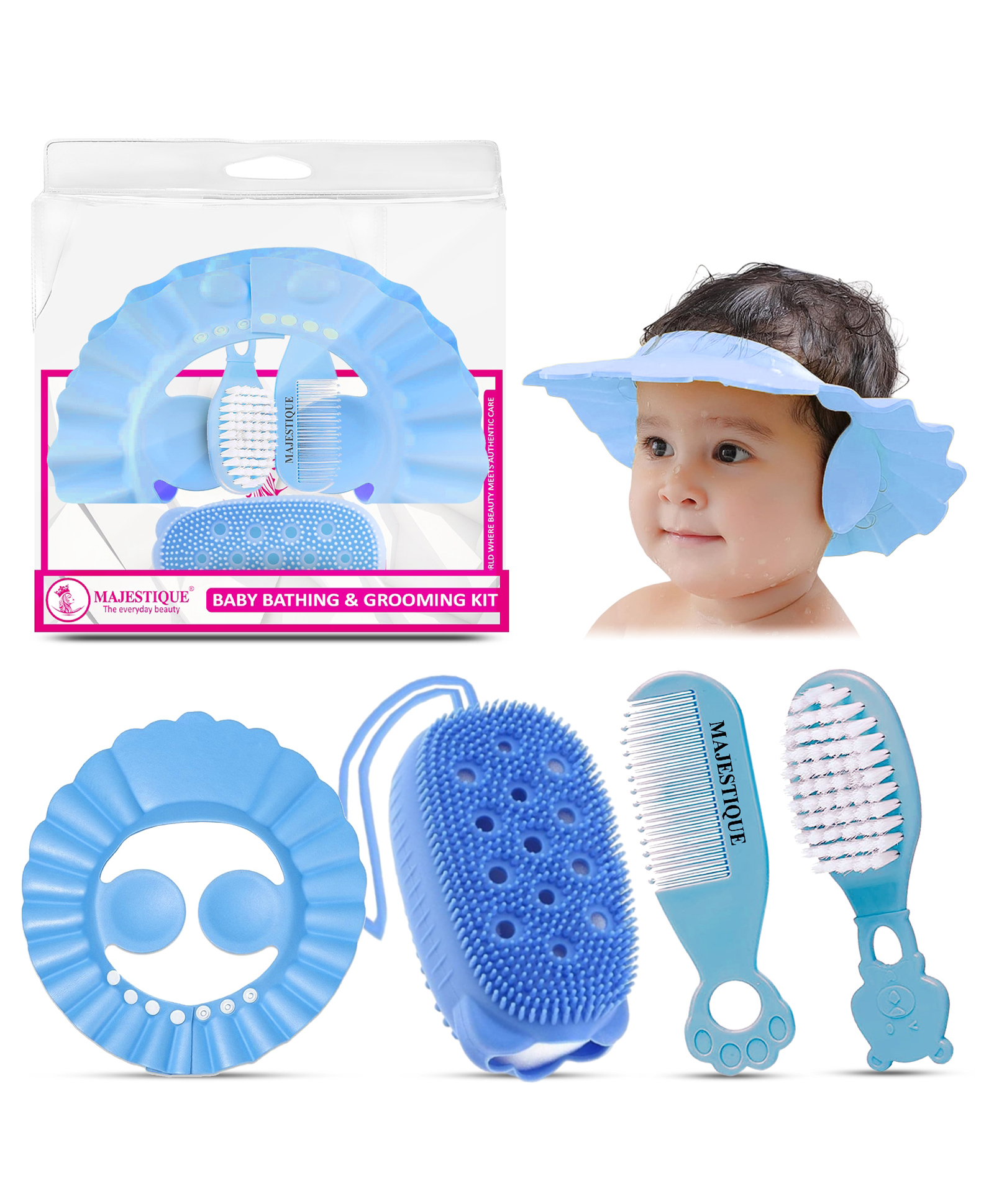 Majestique Baby Bathing & Grooming Kit, Soft Brush, Comb, Bath Cap, Sponge - 4Pcs_BLUE-image-39
