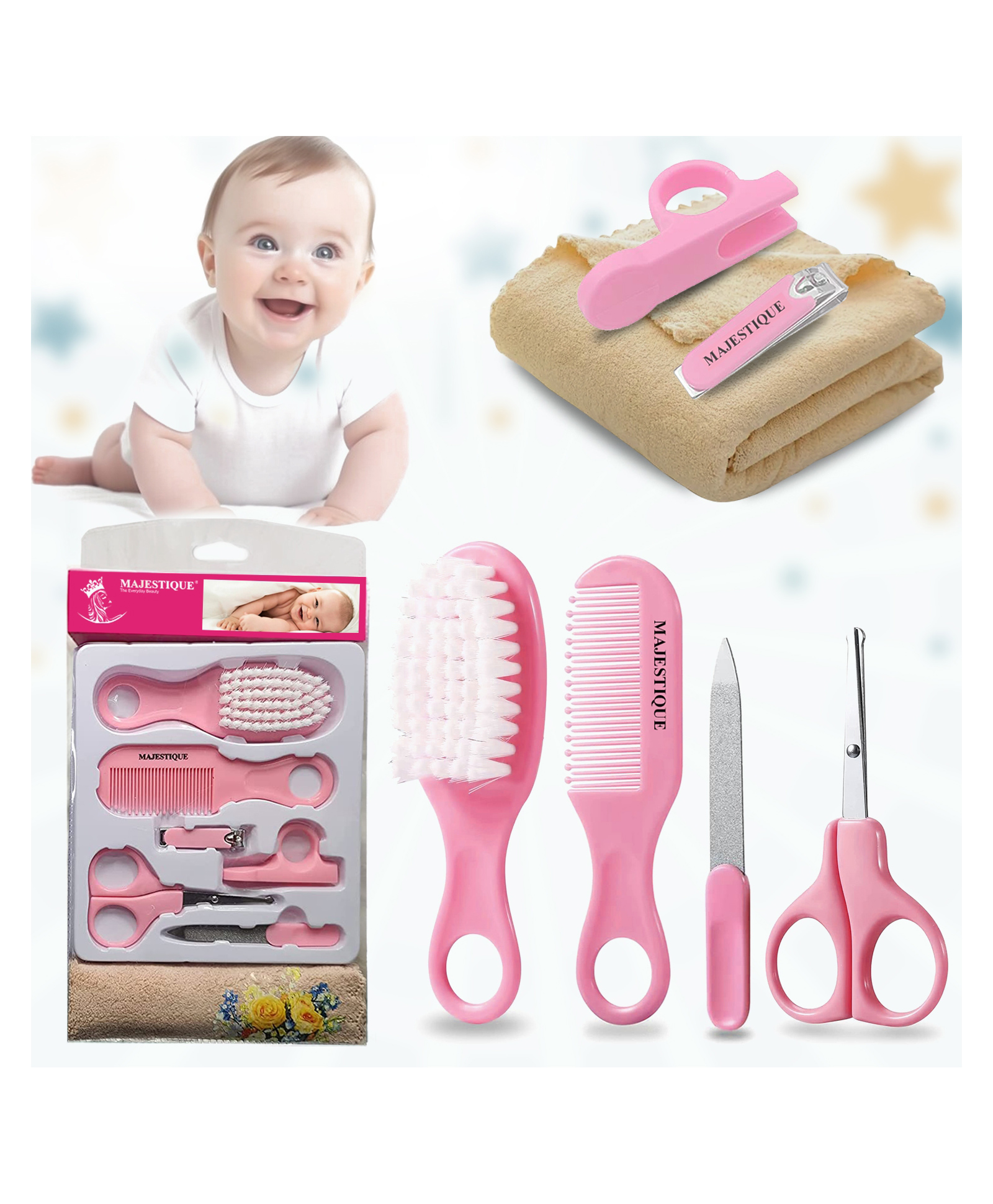 Majestique Baby Grooming Set, Brush, Comb, Clipper, File & Baby Towel - PINK-image-18
